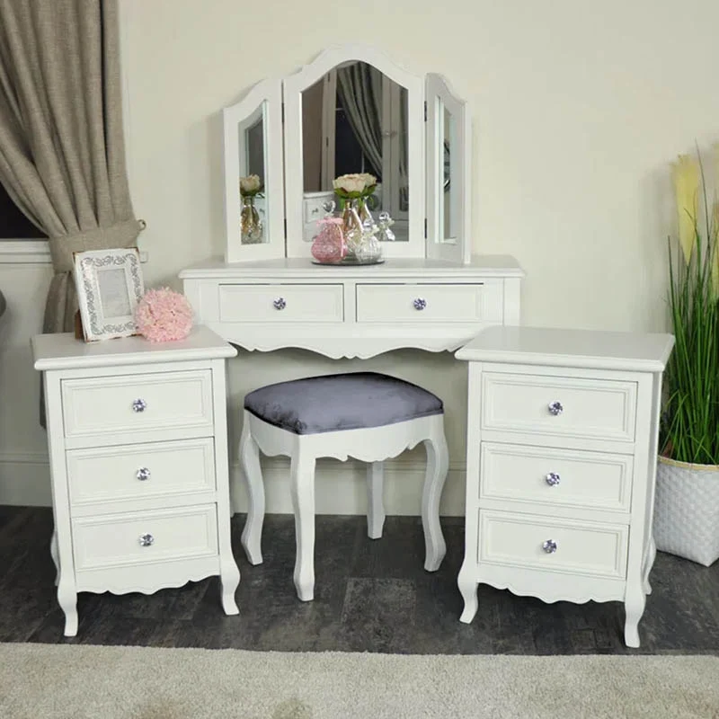 Enhanced White Dressing Table Mirror Stool Pair Bedside Tables – Victoria Range High-Quality