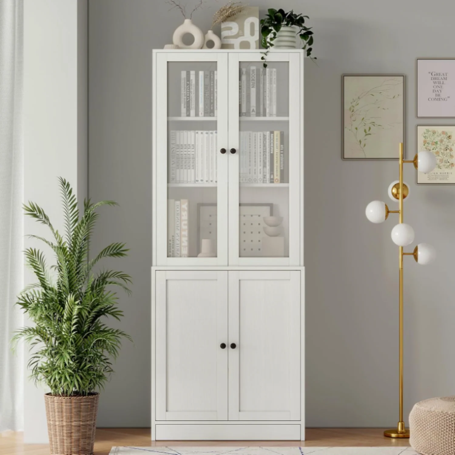 High-Grade 71-inch Bookshelf Bookcase 5-layer Storage Cabinet with Glass Doors and Shelves71-inch Bookshelf Bookcase 5-layer Storage Cabinet with Glass Doors and Shelves Authentic