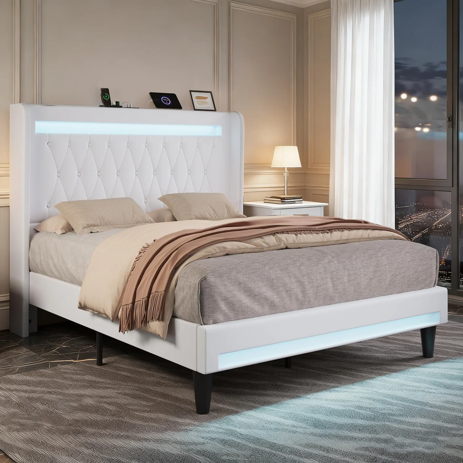 Original Design LED Velvet Upholstered Platform Bed Frame with Charging Station Tufted Wingback High Headboard No Box Spring NeededLED Velvet Upholstered Platform Bed Frame with Charging Station Tufted Wingback High Headboard No Box Spring Needed Reusable