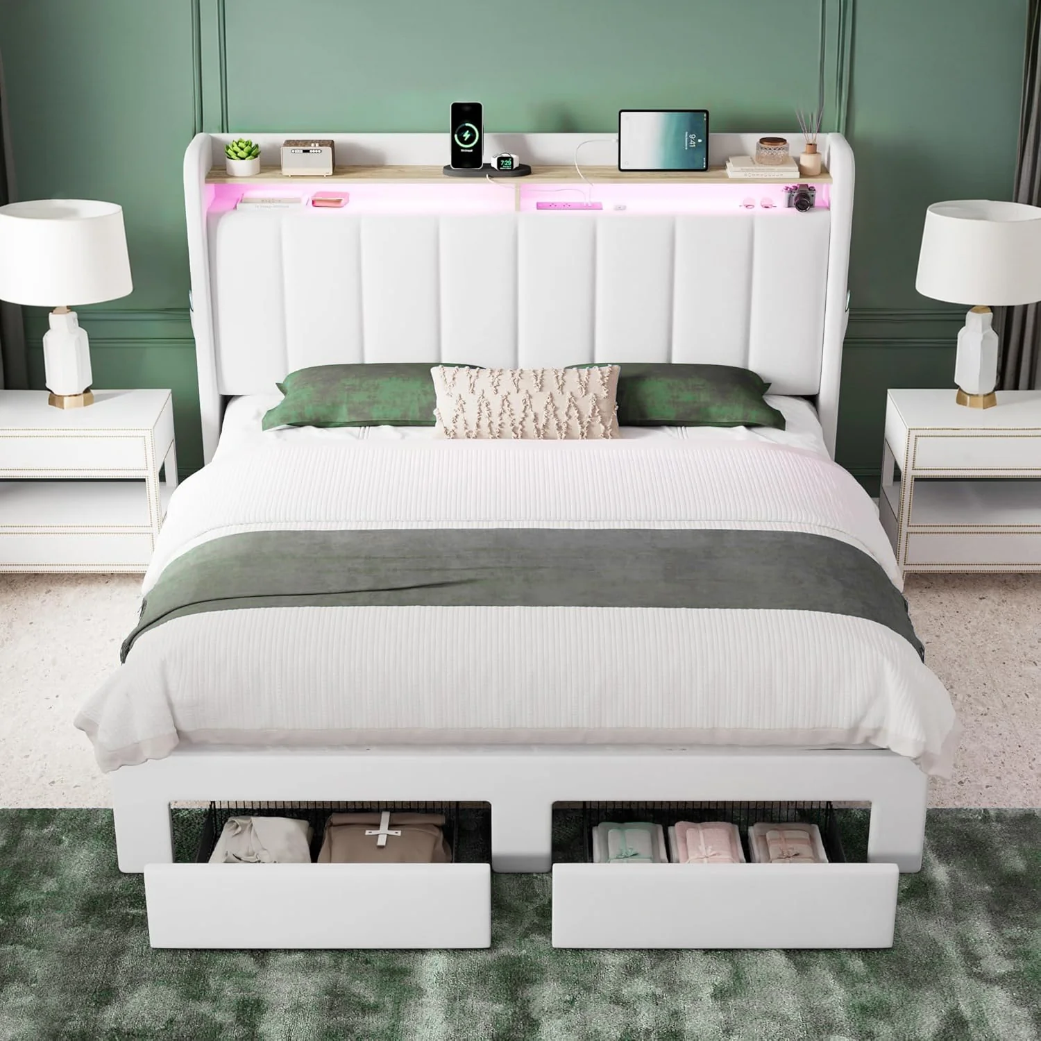 Advanced Velvet Upholstered Platform Bed Frame with LED Headboard Storage Drawers Charging Ports No Box Spring NeededVelvet Upholstered Platform Bed Frame with LED Headboard Storage Drawers Charging Ports No Box Spring Needed Next-Generation