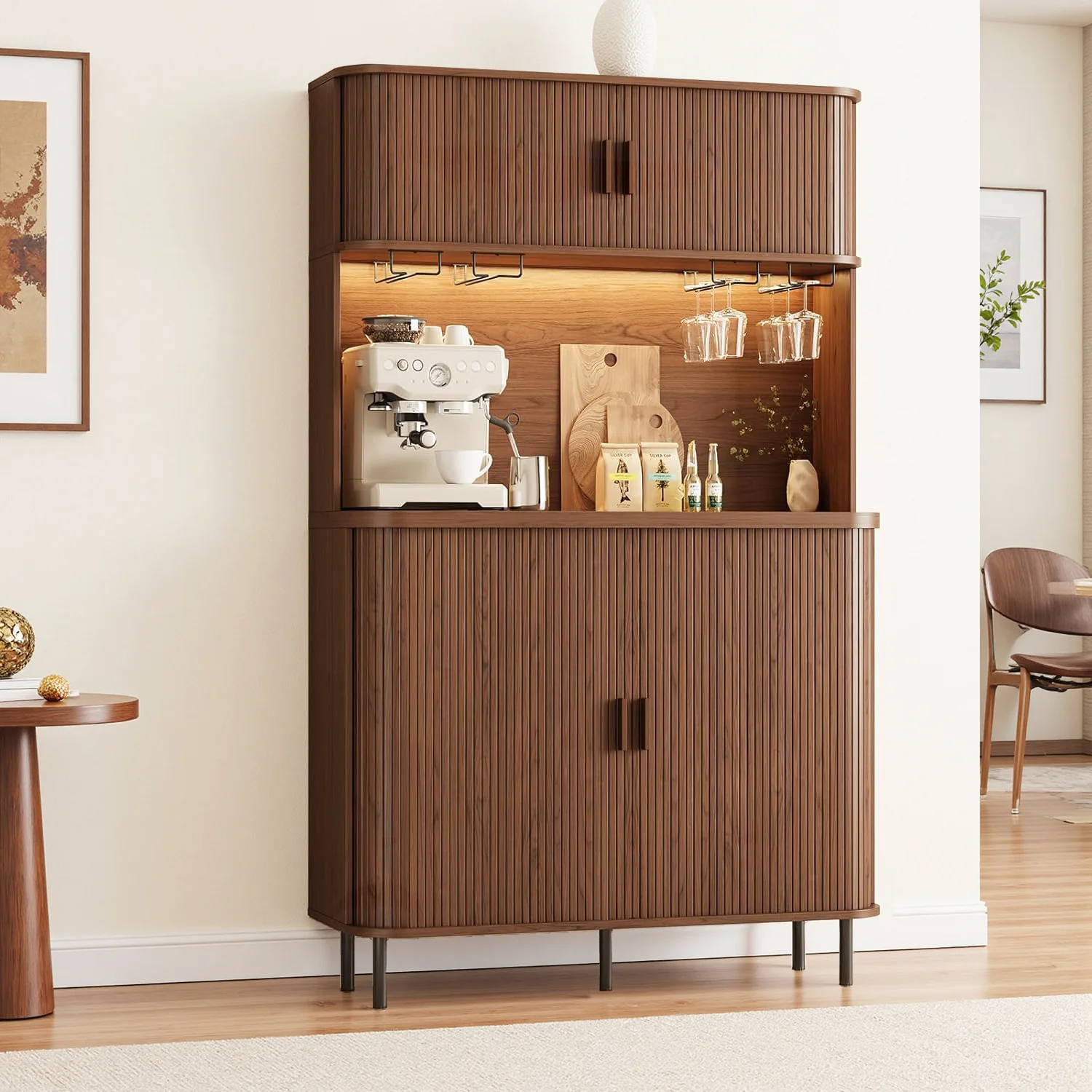 Fashionable 70 Pantry Storage Cabinet Wine Bar Cabinet with LED Lights Coffee Bar Cabinet with Power Outlet Glass Holder Wine Rack70 Pantry Storage Cabinet Wine Bar Cabinet with LED Lights Coffee Bar Cabinet with Power Outlet Glass Holder Wine Rack Natural