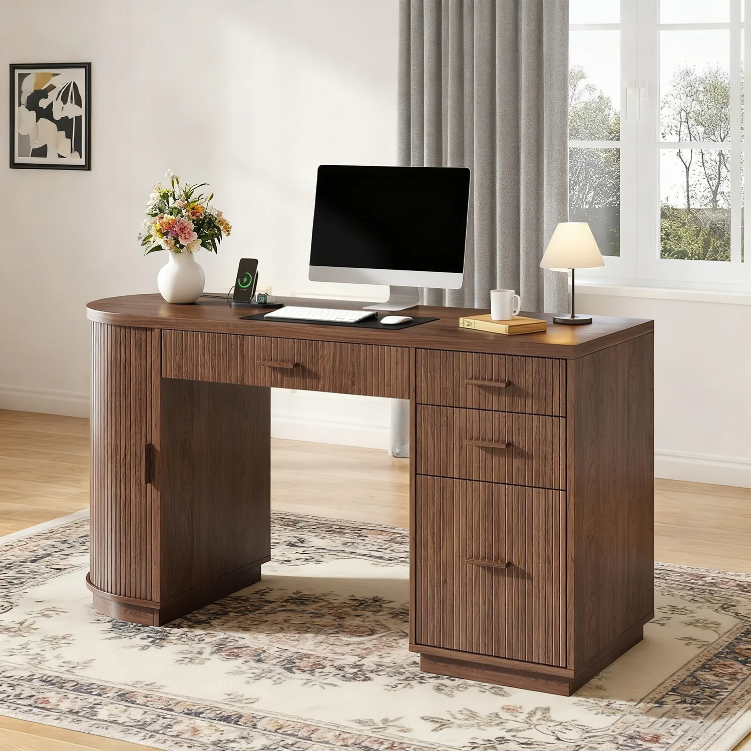 Minimalist 57 Inch Executive Desk Fluted Home Office Desk with Drawers and File Cabinet Computer Desk for Work and Study57 Inch Executive Desk Fluted Home Office Desk with Drawers and File Cabinet Computer Desk for Work and Study Convenient