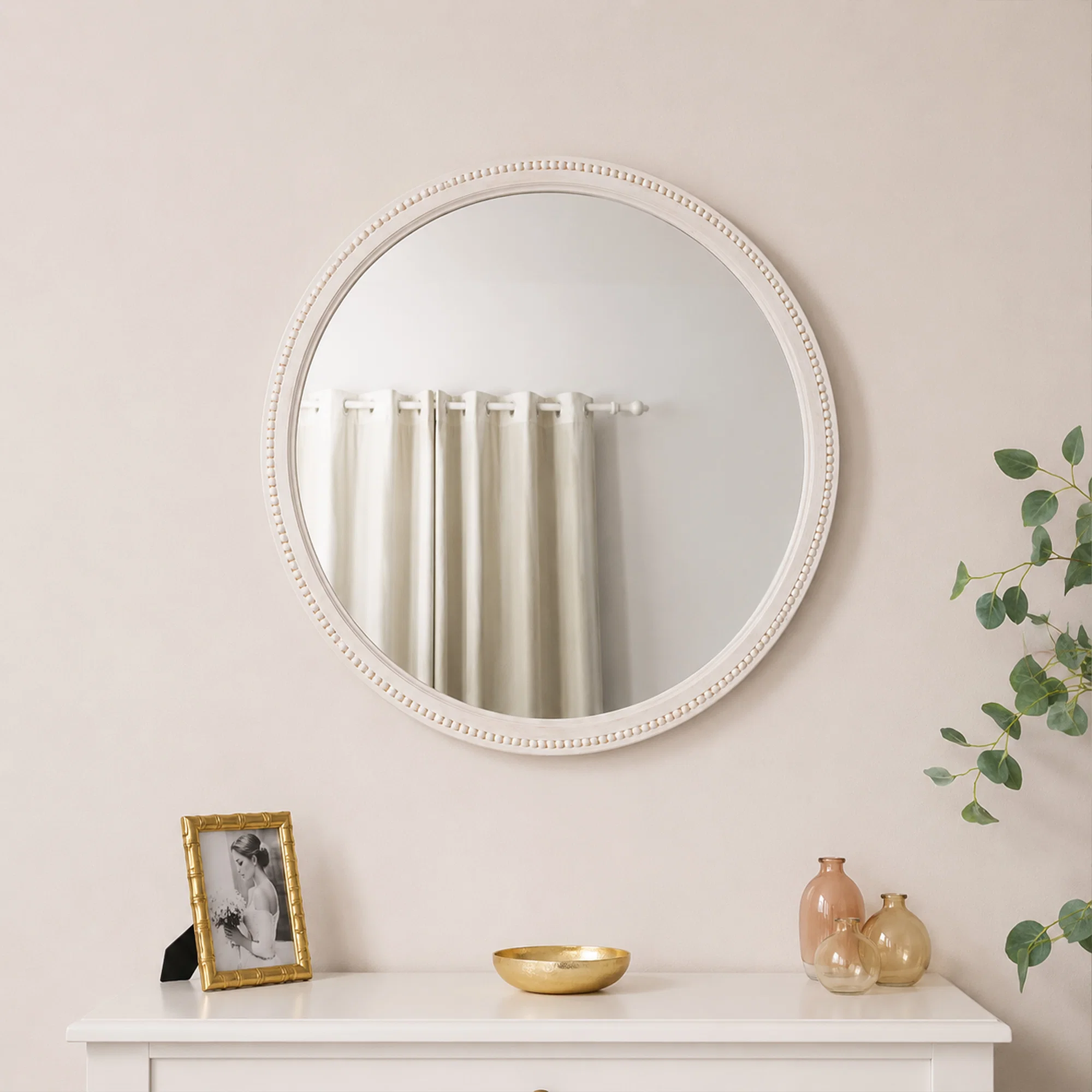 Stylish Round Distressed White Washed Wooden Bobbin Detailed Wall Mirror – 80cm x 80cm Carefully Designed