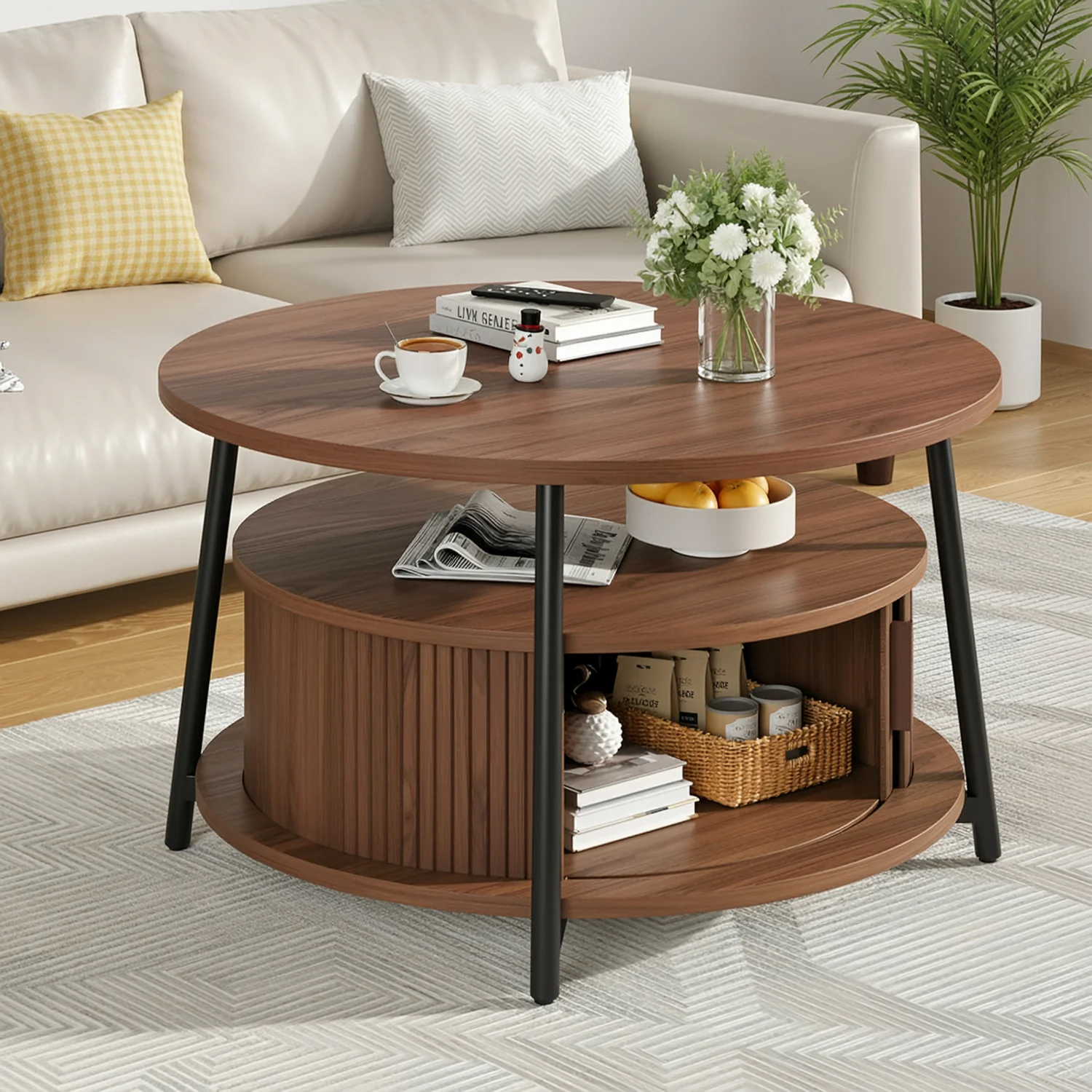 Prestigious Discontinued Round Coffee Table with Storage 31 Inch Fluted Center Table with Sliding Doors and Metal Legs Discontinued Round Coffee Table with Storage 31 Inch Fluted Center Table with Sliding Doors and Metal Legs Fine