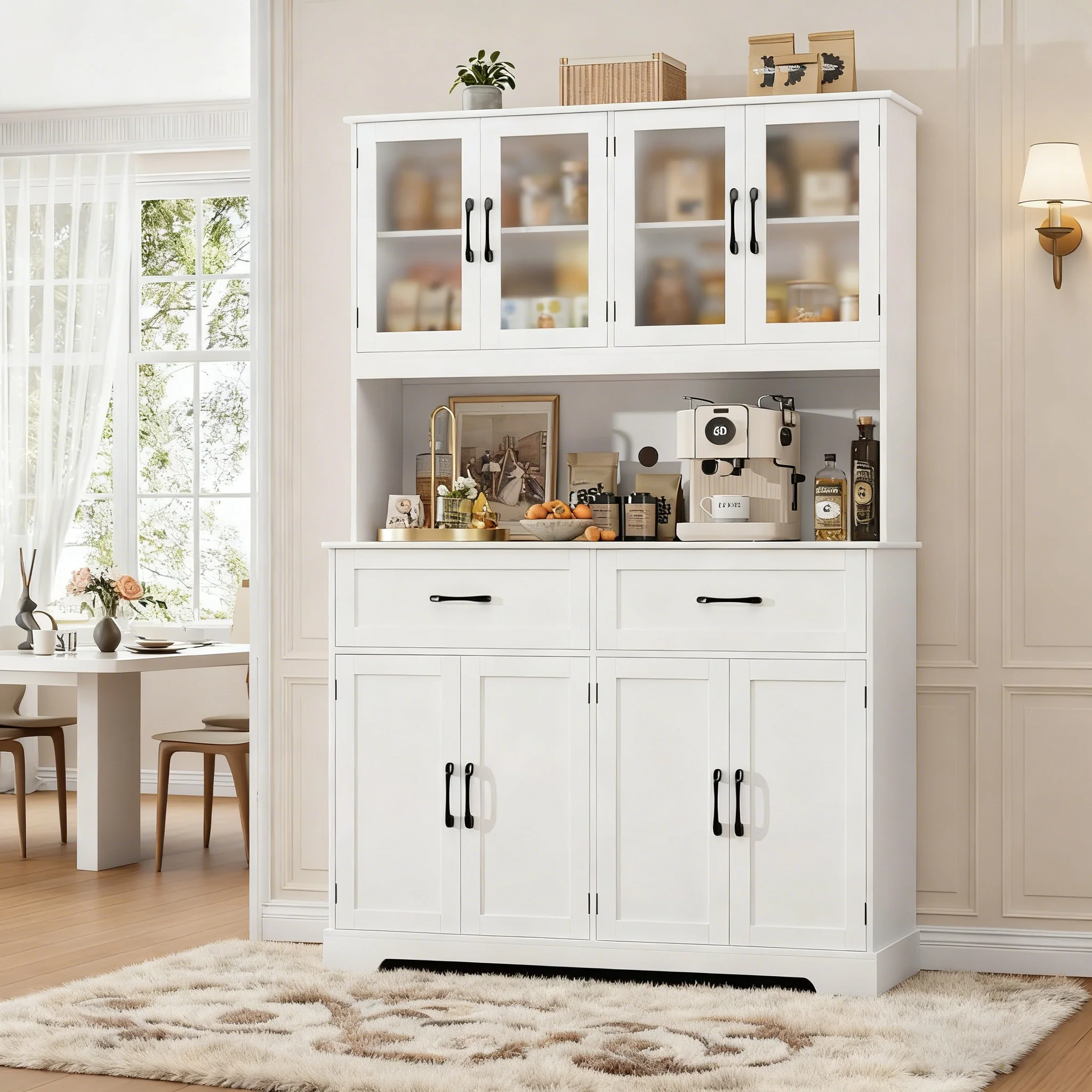 Premium Material 71 Tall Pantry Cabinet with Countertop Large Kitchen Hutch with 8 Doors Glass Storage Shelves Drawers71 Tall Pantry Cabinet with Countertop Large Kitchen Hutch with 8 Doors Glass Storage Shelves Drawers Convenient