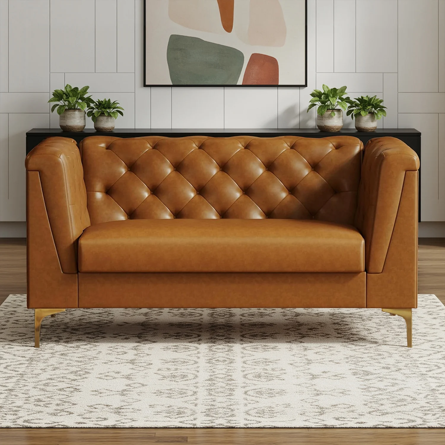 Artisan Mid-Century Modern Faux Leather Sofa Deep-Seat Couch with Armrests and Comfortable Cushions for Living Room Office or ApartmentMid-Century Modern Faux Leather Sofa Deep-Seat Couch with Armrests and Comfortable Cushions for Living Room Office or Apartment Superior