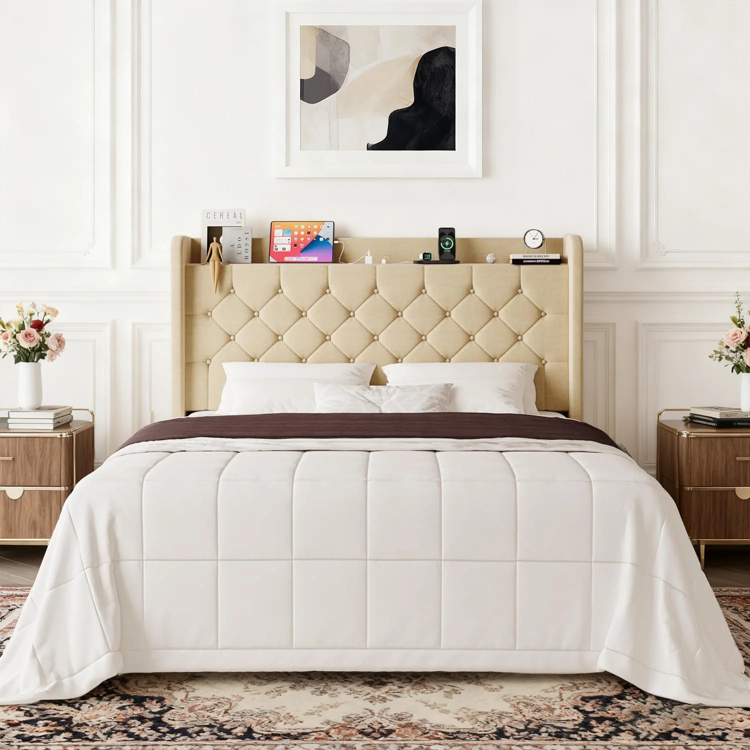 Exclusive Wingback Linen Upholstered Bed Frame with Storage Headboard Charging Station Button Tufted Design No Box Spring NeededWingback Linen Upholstered Bed Frame with Storage Headboard Charging Station Button Tufted Design No Box Spring Needed Safe
