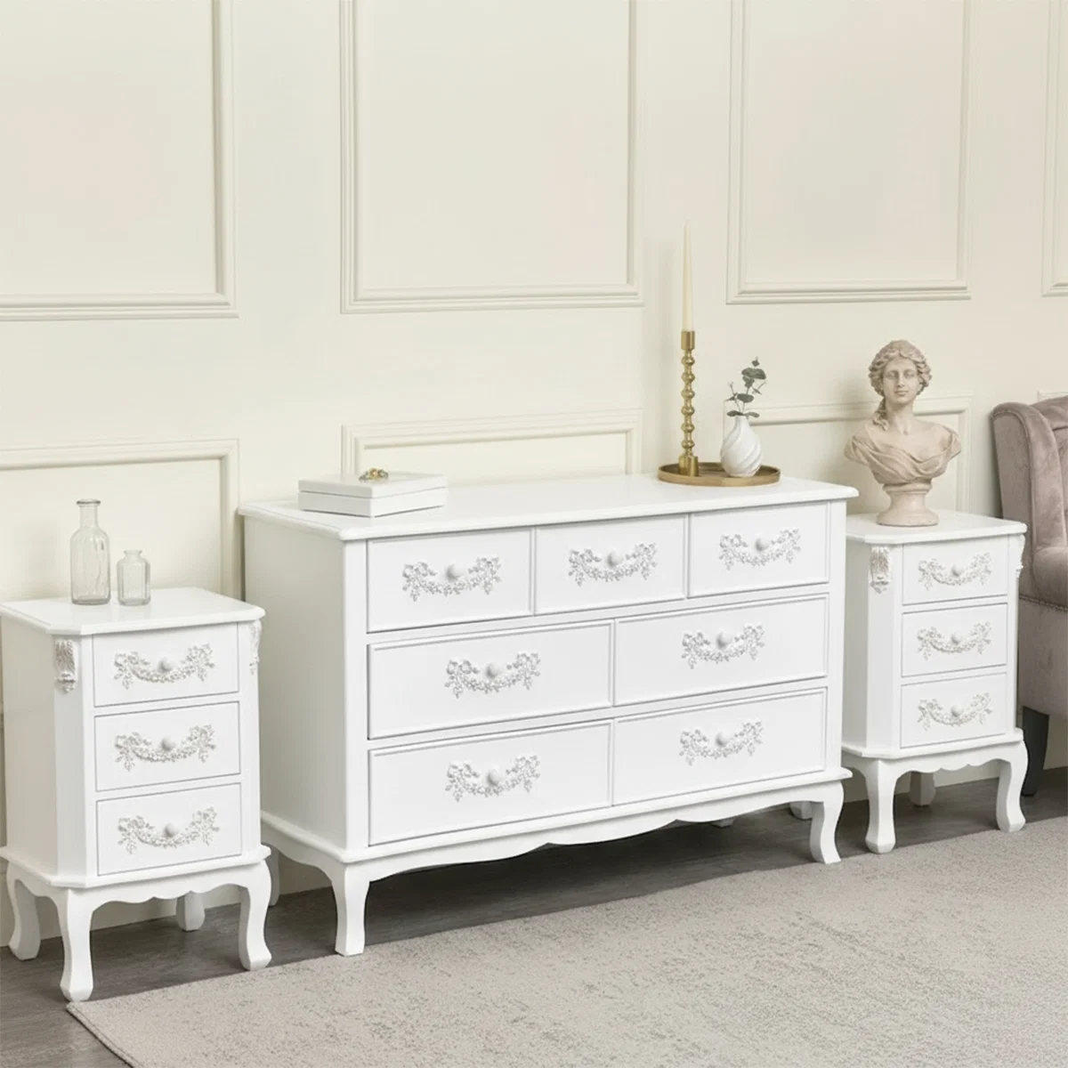 Effective Antique White 7 Drawer Chest of Drawer Pair of 3 Drawer Bedside Tables – Pays Blanc Range Relaxed