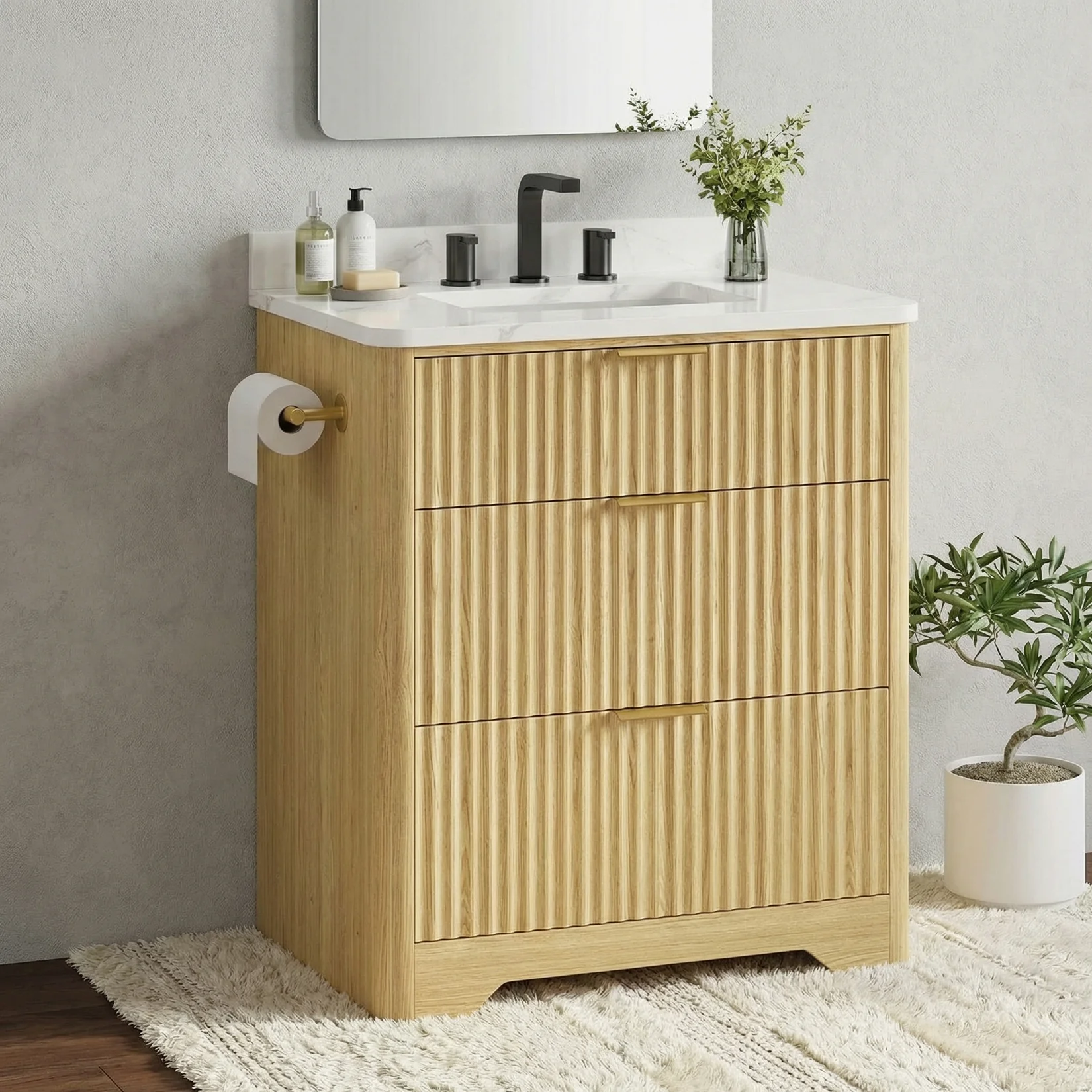 World-Class 30 Bathroom Vanity with Ceramic Sink standing Farmhouse Wood Grain Cabinet with 3 Drawers30 Bathroom Vanity with Ceramic Sink standing Farmhouse Wood Grain Cabinet with 3 Drawers Breathable