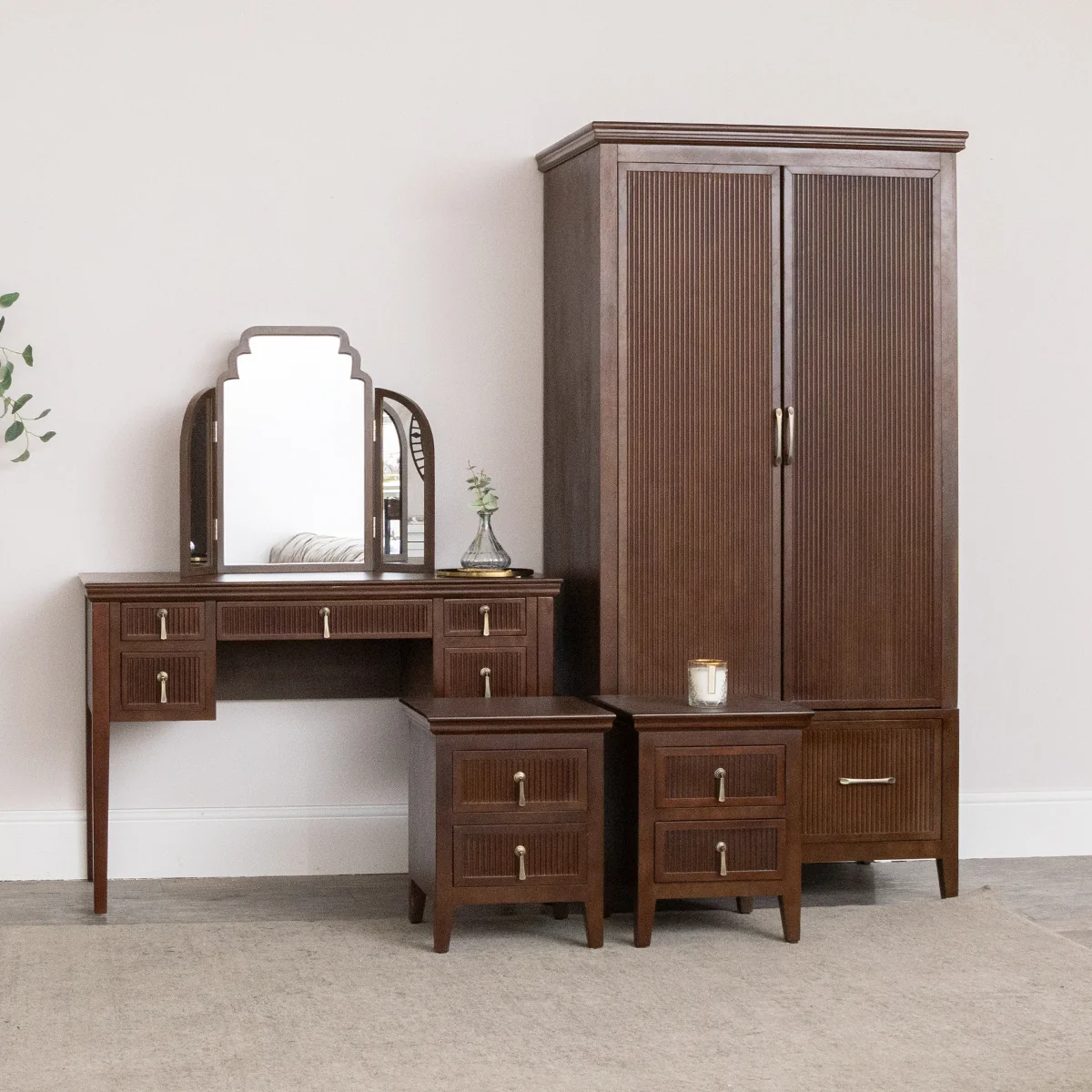 Elite Dark Wood Reeded Wardrobe Dressing Table Mirror Set Pair of Bedside Tables – Georgian Range Verified
