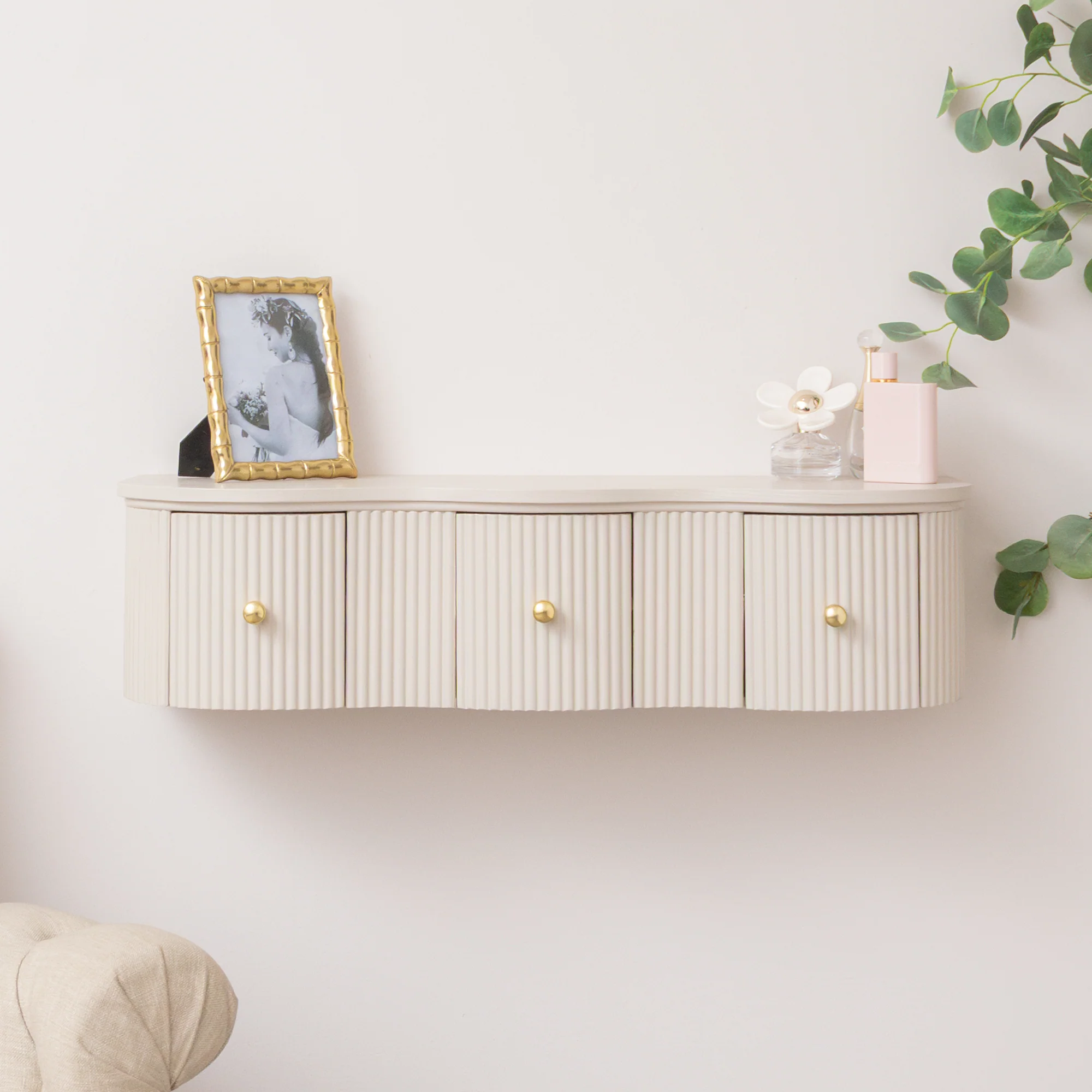 Innovative 3 Drawer Reeded Wall Mounted Floating Console Dressing Table – Willow Taupe-Grey Range Natural