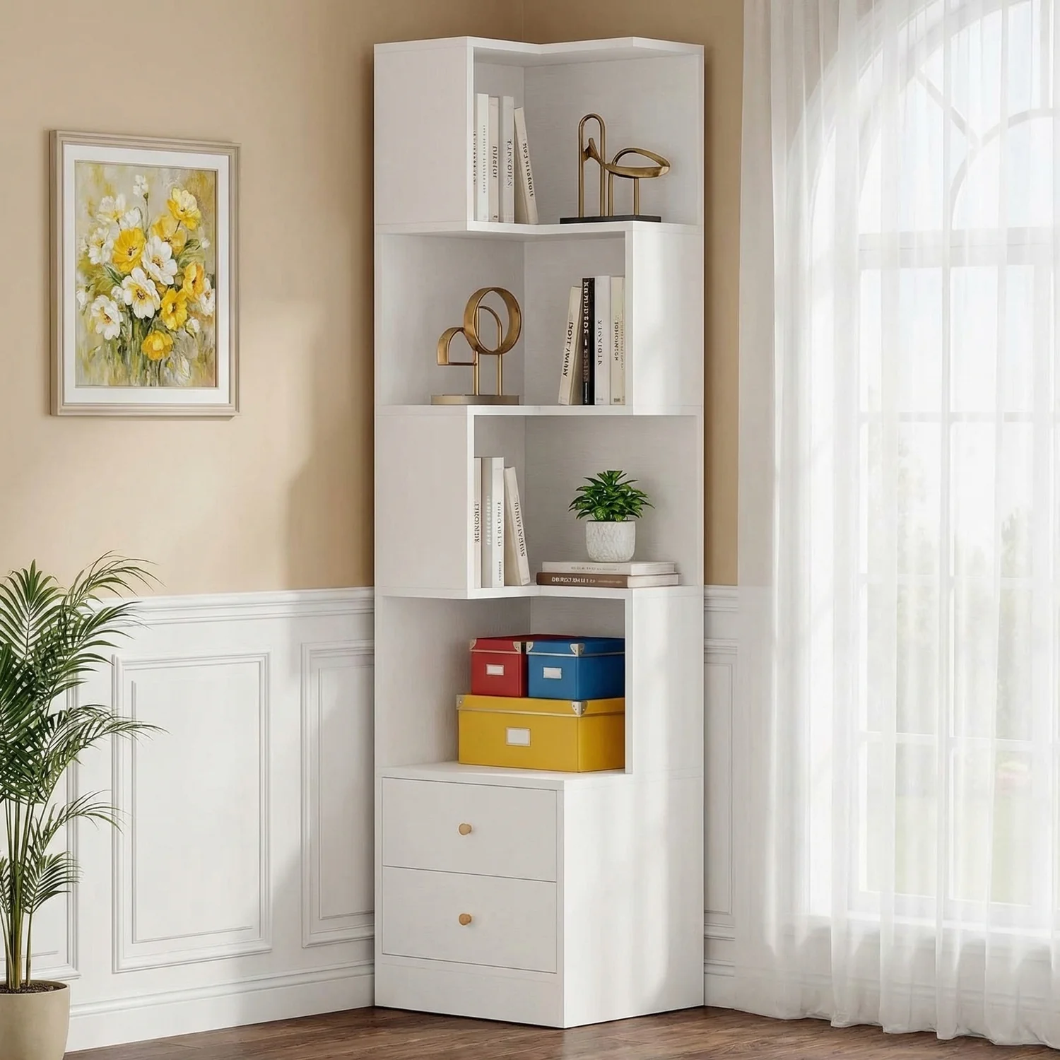 Specialty 70.87 Tall Corner Bookshelf Corner Bookcase with Drawers and Storage for Living Room or Home Office70.87 Tall Corner Bookshelf Corner Bookcase with Drawers and Storage for Living Room or Home Office Pure