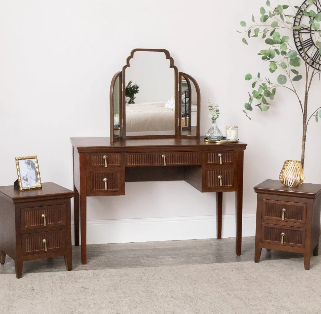 Lightweight Dark Wood Reeded Dressing Table Mirror Set Pair of Bedside Tables – Georgian Range High-Performance