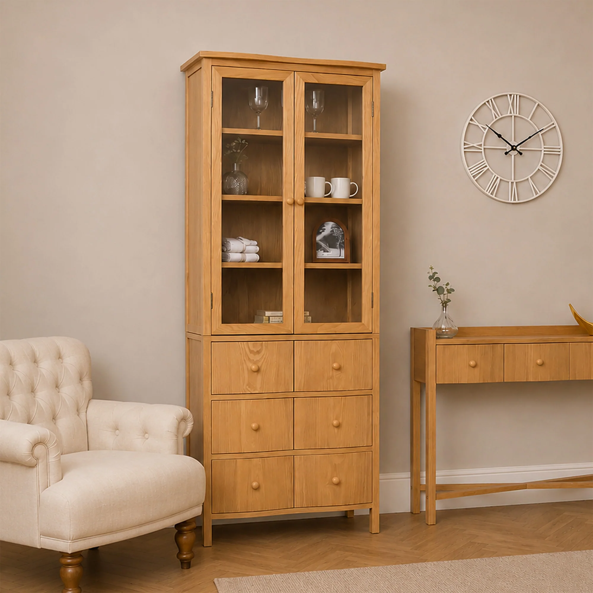 Modern Large Curved Pale Wood Glass Fronted Display Cabinet – Austin Wood Range Environmentally Friendly