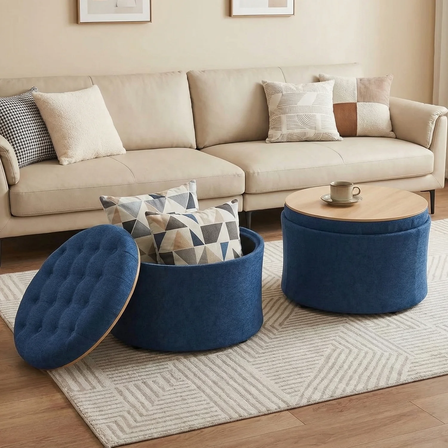 Premium Material 25 Inch Round Storage Ottoman Foot Rest Button Tufted Coffee Table with Reversible Tray Hidden Storage25 Inch Round Storage Ottoman Foot Rest Button Tufted Coffee Table with Reversible Tray Hidden Storage Enhanced