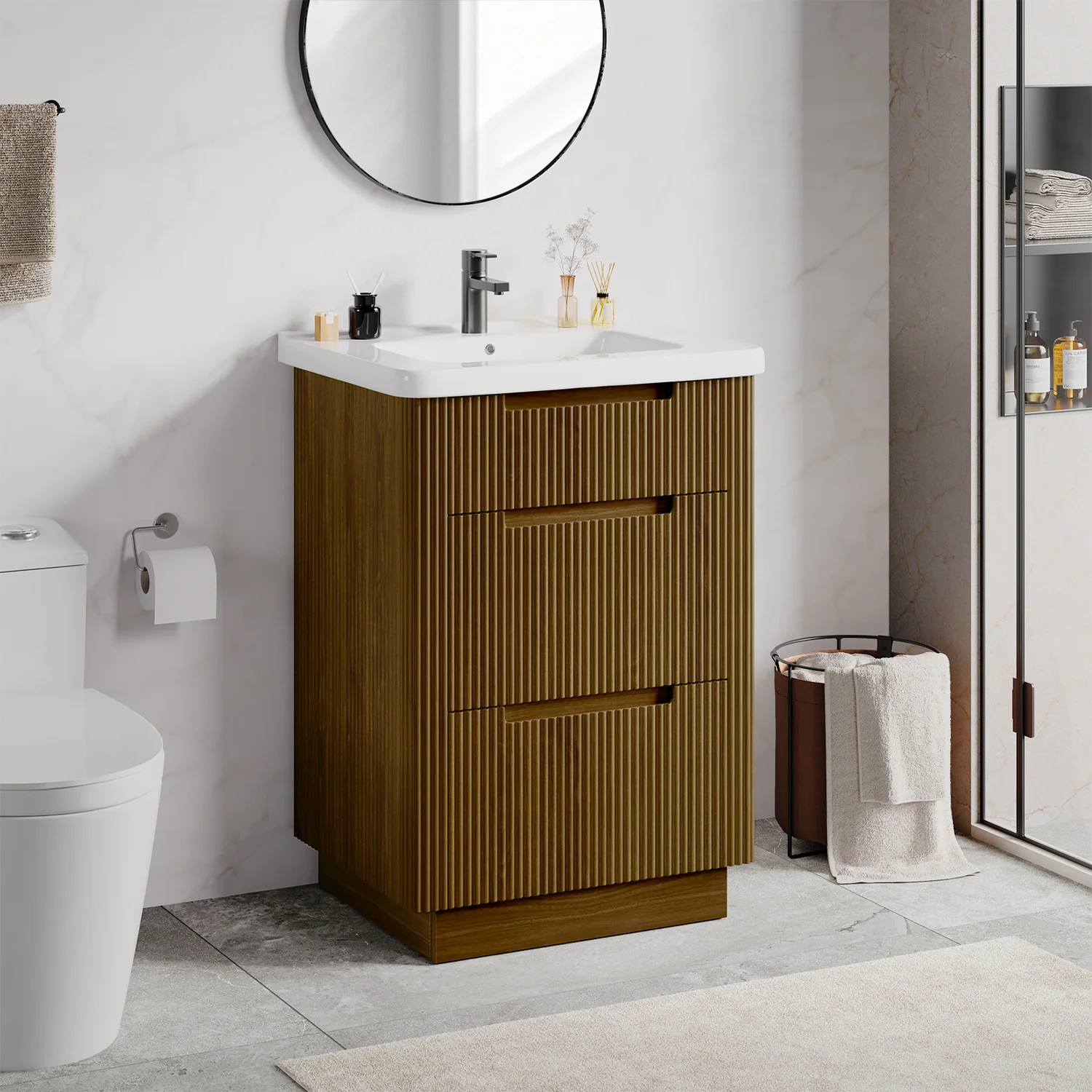 Fine 24 Inch standing Bathroom Vanity with Sink Fluted Bathroom Storage Cabinet with Drawers24 Inch standing Bathroom Vanity with Sink Fluted Bathroom Storage Cabinet with Drawers Original Design