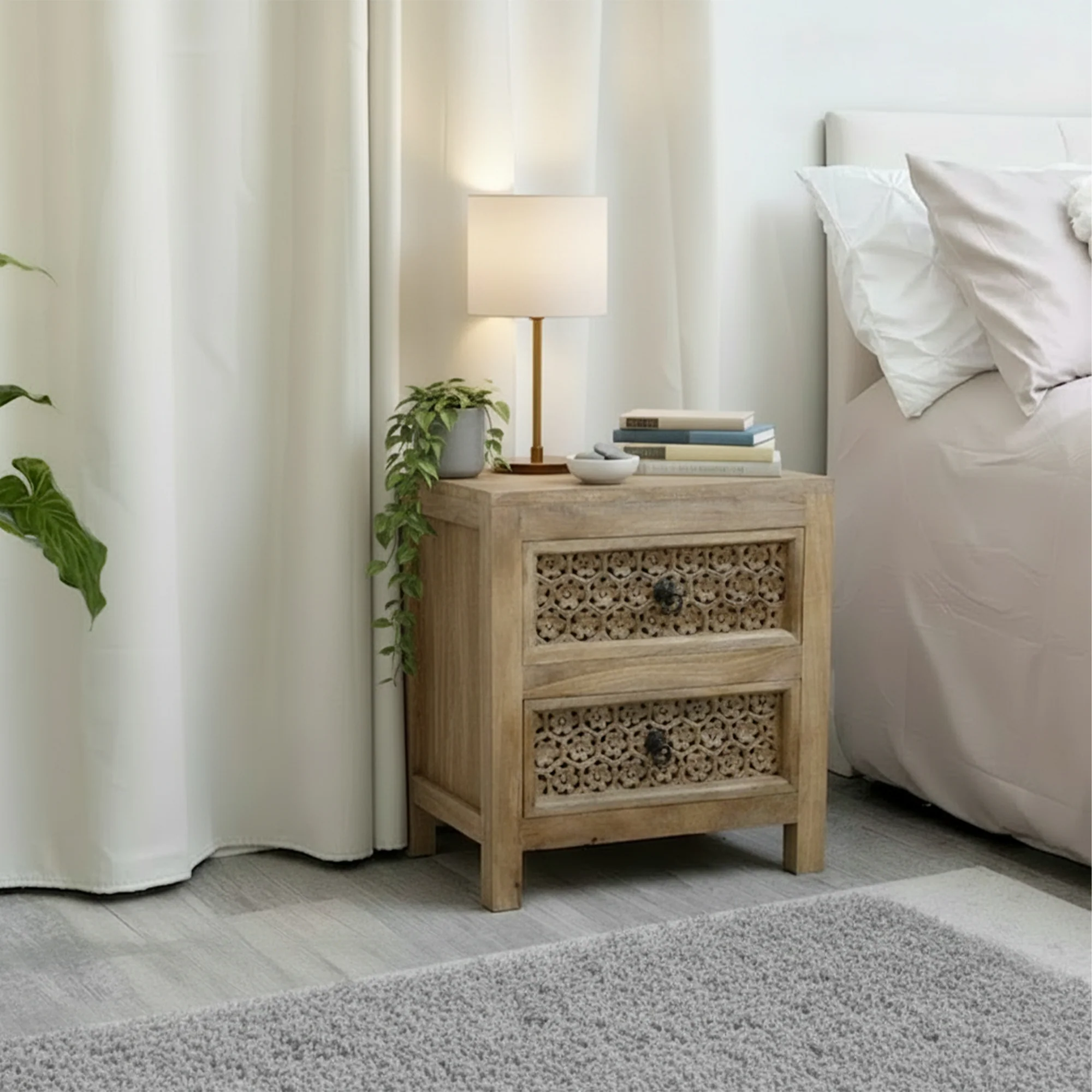 Fine Boho Rustic Wooden Carved 2 Drawer Bedside Table Premium Material