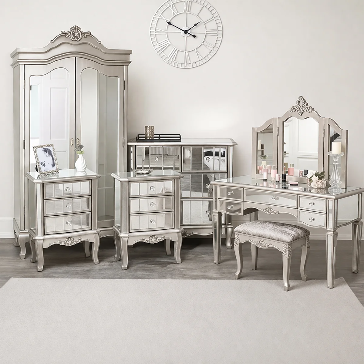 High-Quality Silver Mirrored Double Wardrobe Chest of Drawers Large Dressing Table Set 3 Drawer Bedside Tables – Tiffany Range Clean
