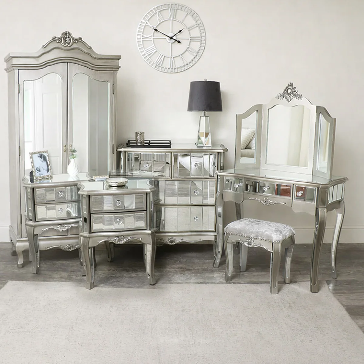 Eco-Friendly Silver Mirrored Double Wardrobe Chest of Drawers Dressing Table Set Bedside Tables – Tiffany Range Optimized