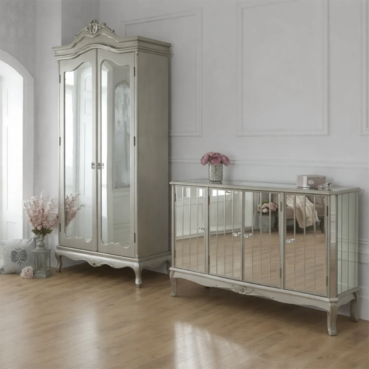 Secure Silver Mirrored Wardrobe Large Sideboard – Tiffany Range Elegant