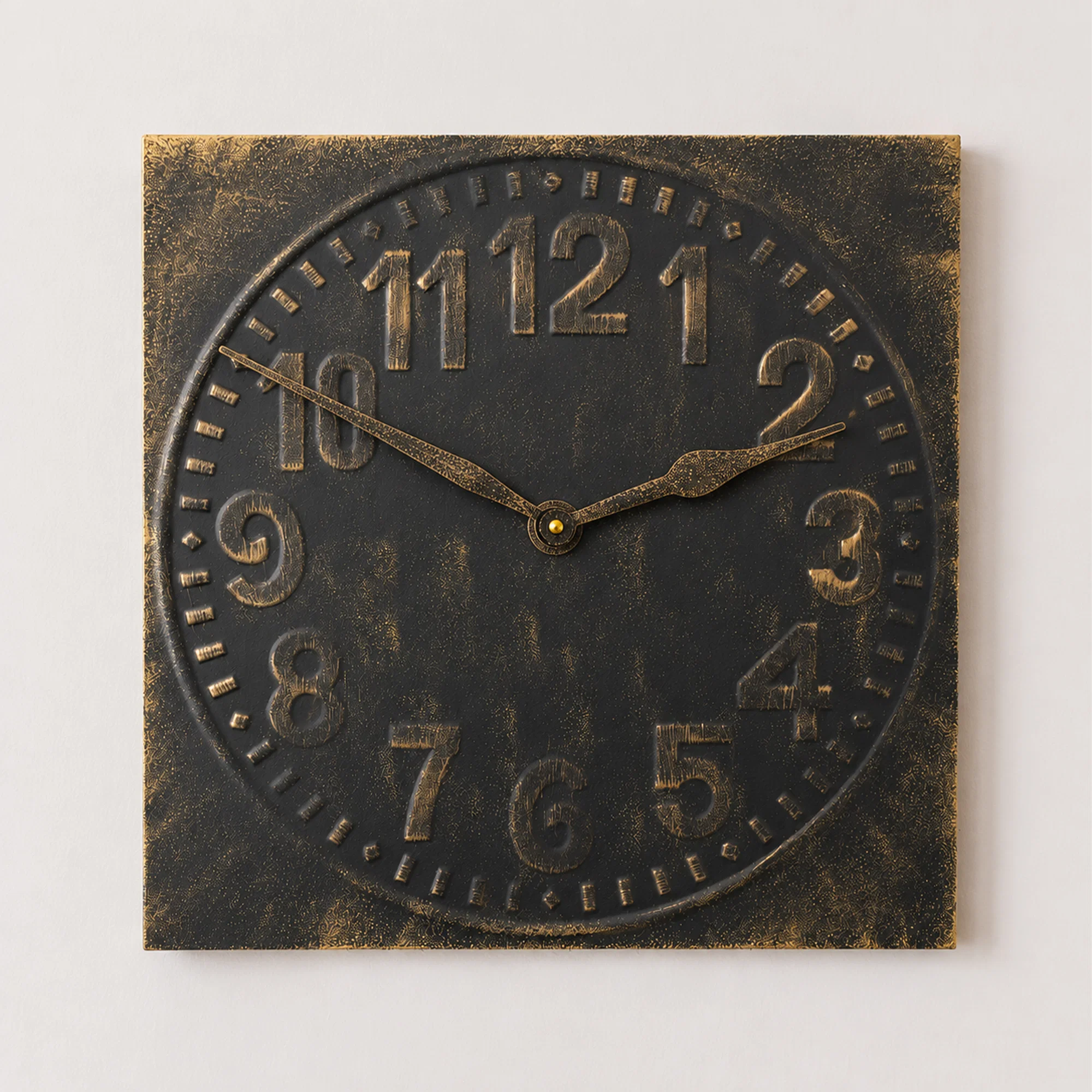 Sustainable Antique Distressed Square Black Wall Clock with Gold Details – 50cm x 50cm Traditional