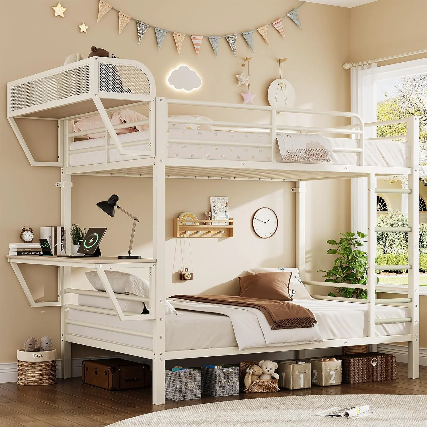 Breathable Bunk Bed Twin Over Twin Metal Bed Frame with Power Outlet Desk Upper Bed with Storage RackBunk Bed Twin Over Twin Metal Bed Frame with Power Outlet Desk Upper Bed with Storage Rack Sophisticated