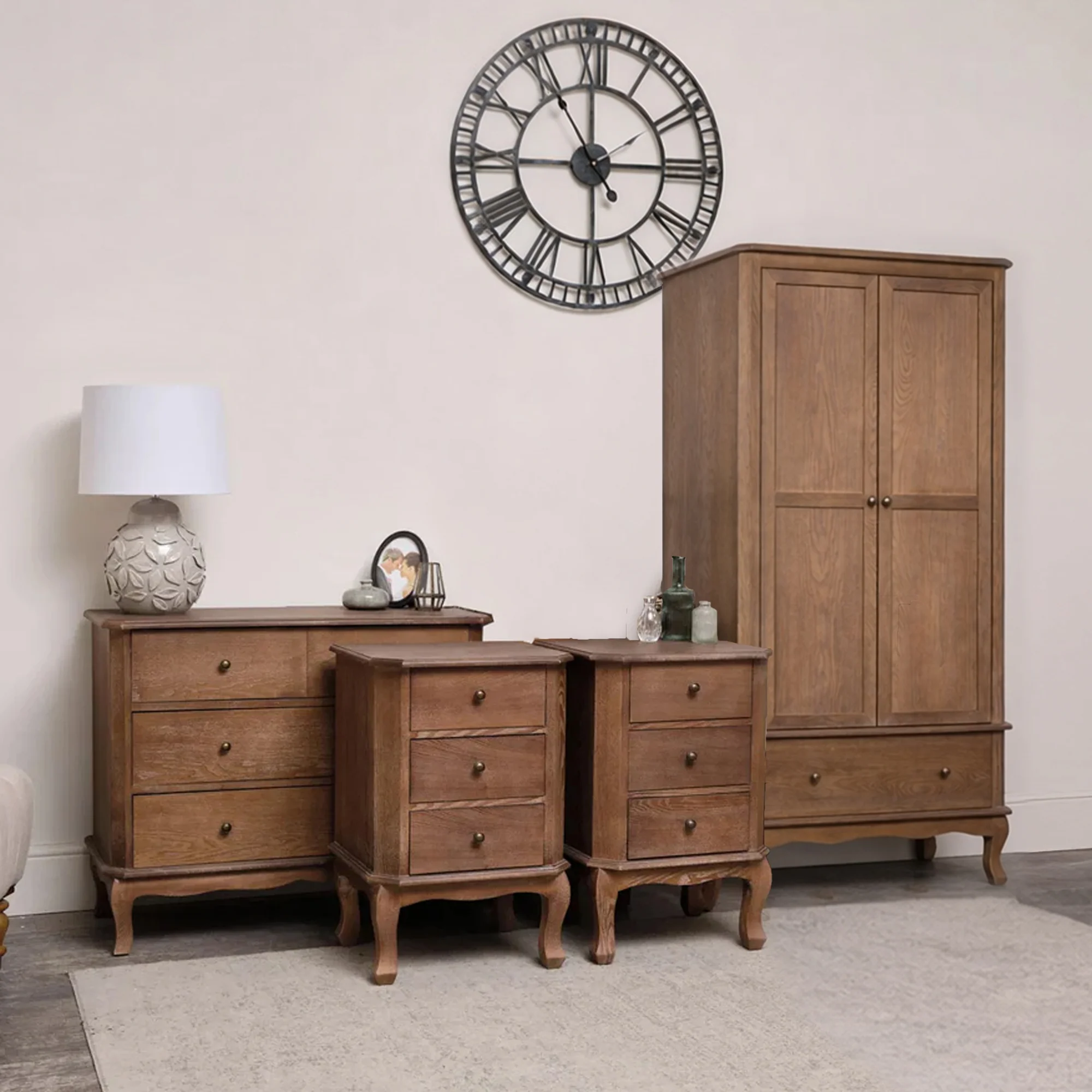 Fast Dark Wood Wardrobe 4 Drawer Chest of Drawers and Pair of 3 Drawer Bedside Tables – Ashwell Range Relaxed