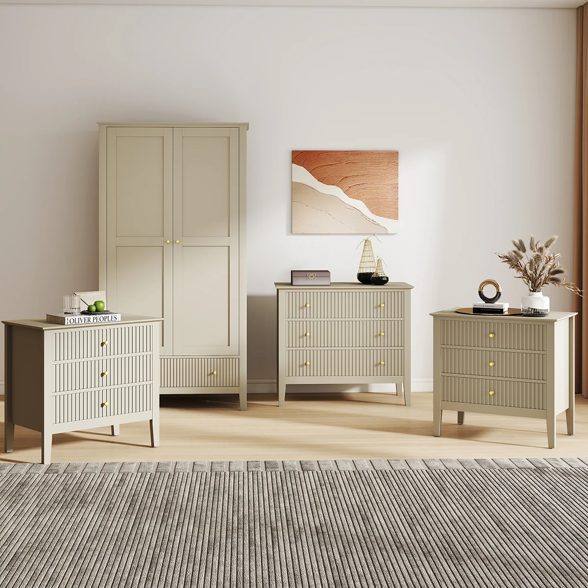 Smart Double Wardrobe 3 Drawer Chest Of Drawers and Pair of Large Bedside Tables – Hales Taupe Range Professional