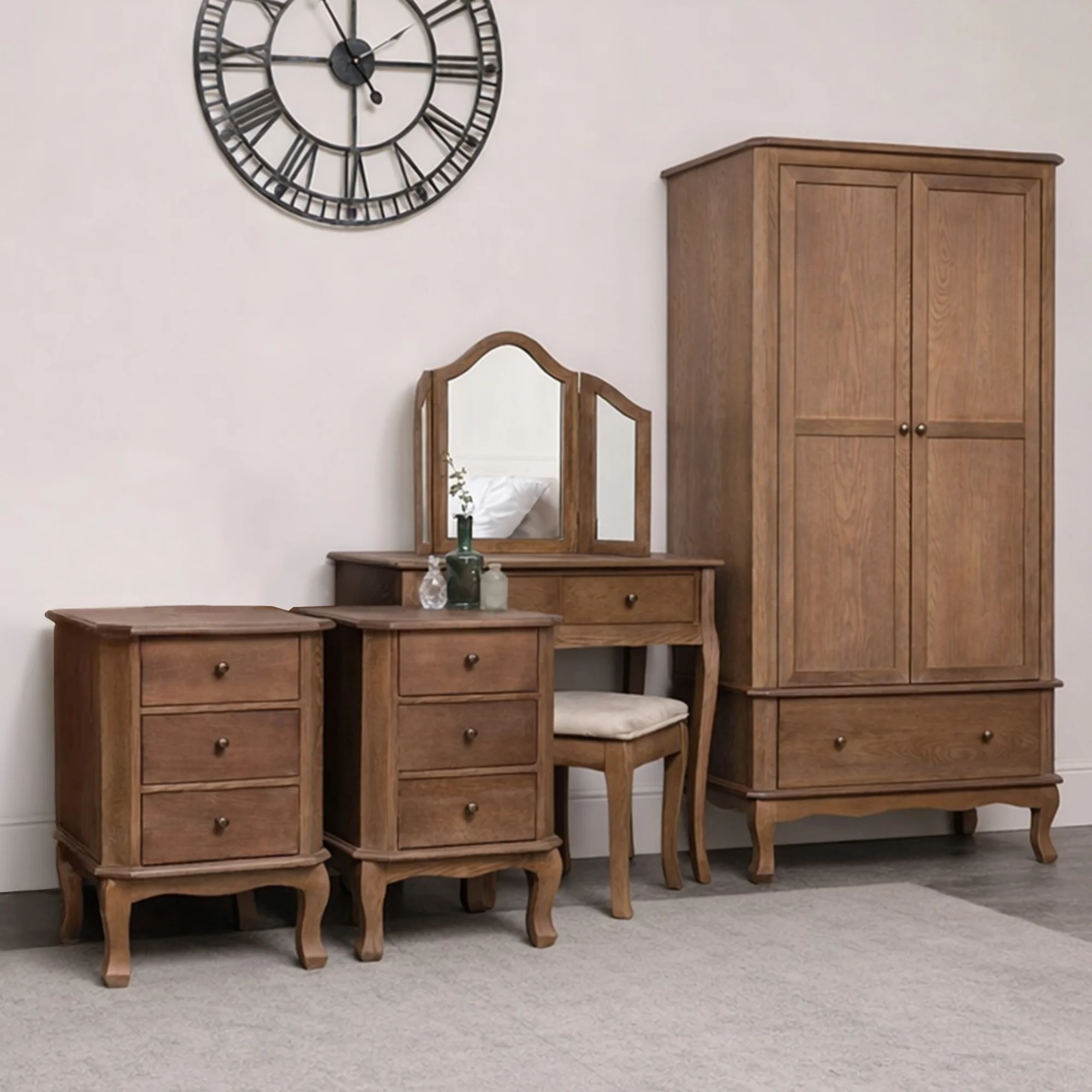 First-Class Dark Wood Wardrobe Dressing Table Desk with Triple Mirror Stool and Pair of Bedside Tables – Ashwell Range Fashionable