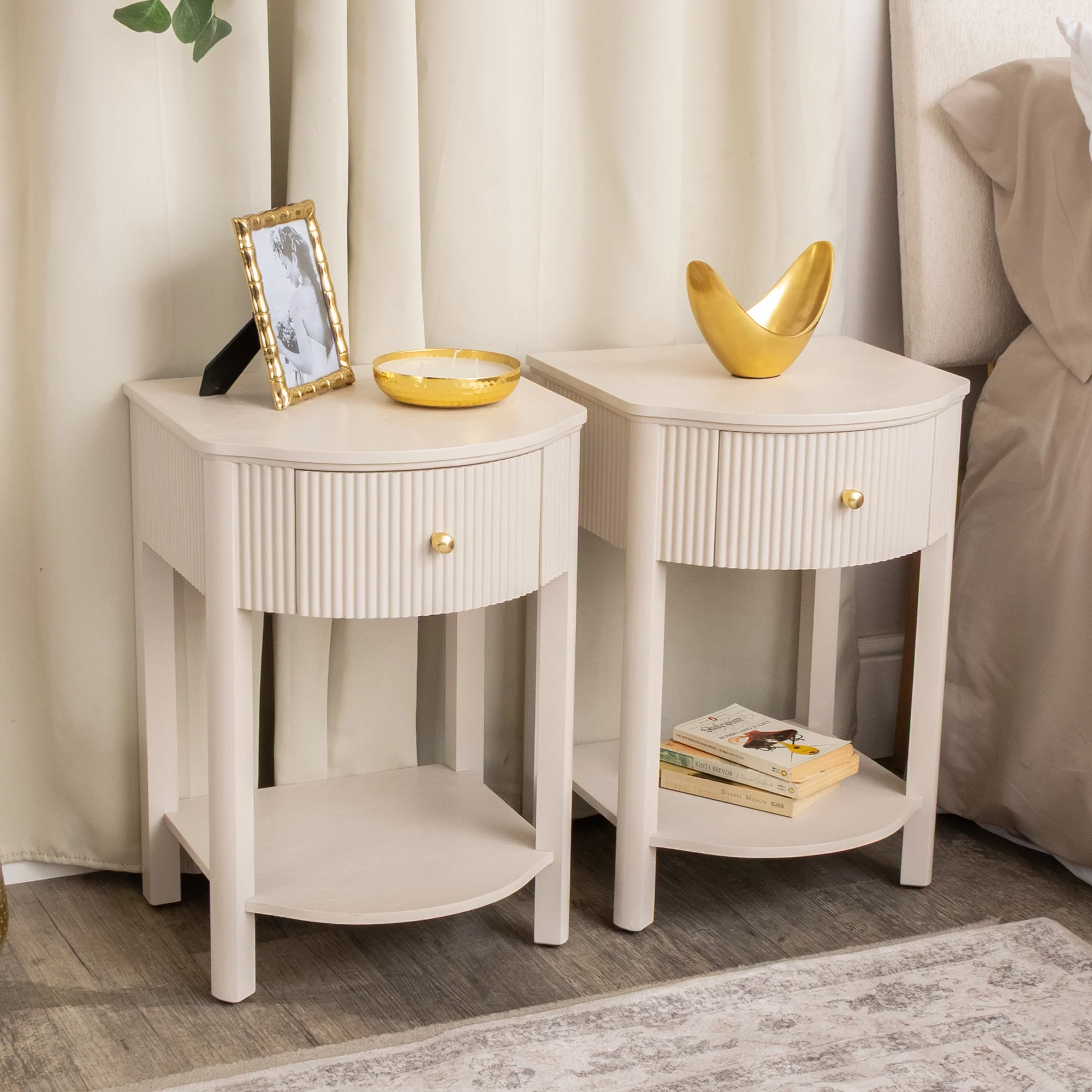 Original Design Pair of Reeded One Drawer Bedside Table – Willow Taupe Grey Range Proven
