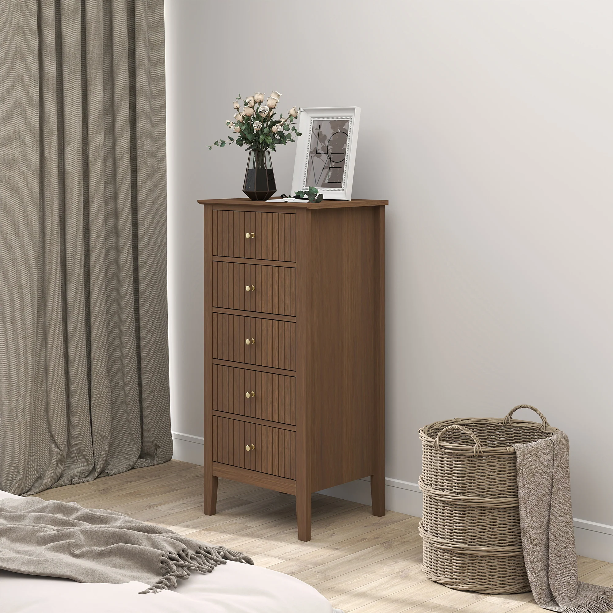 First-Class Tall 5 Drawer Bedside Table Tall Boy – Hales Dark Wood Range Eco-Friendly