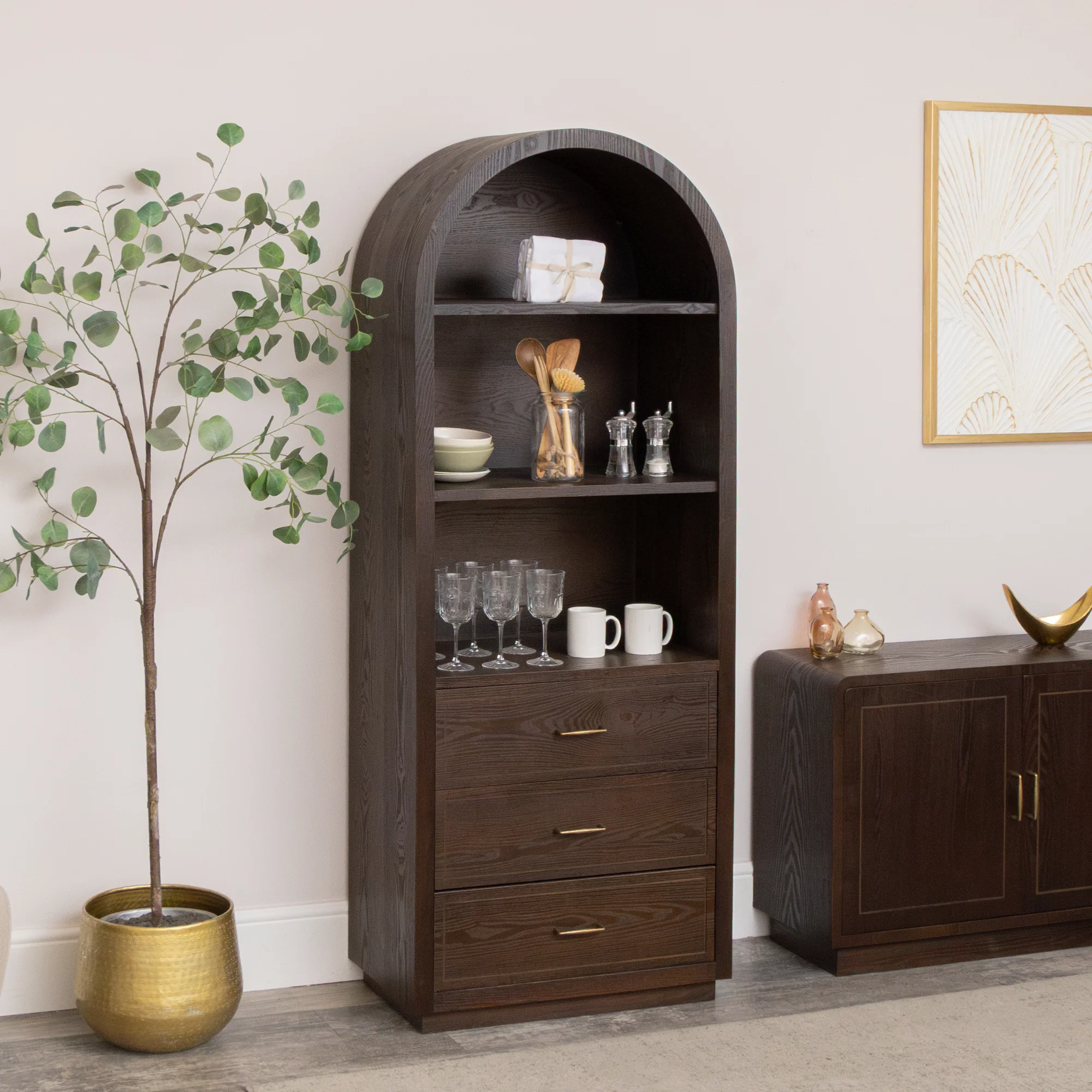 Authentic Large Arched Dark Wood standing Storage Cabinet – Kingsley Range Superior