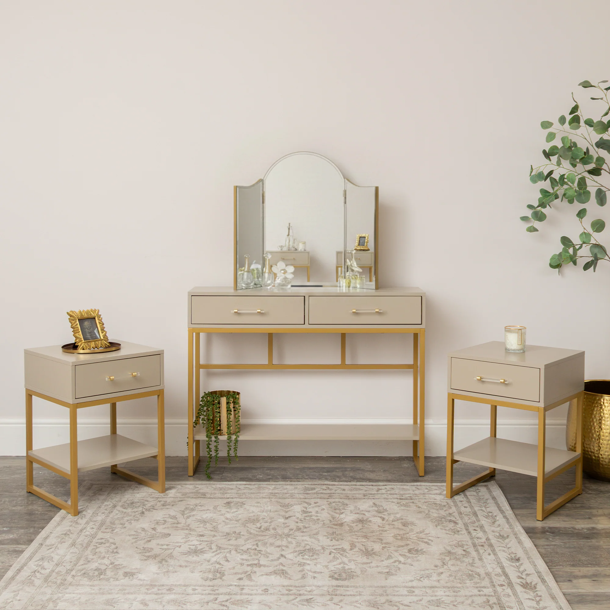 Long-Lasting Two Drawer Dressing Table Set Pair of One Drawer Bedside Tables – Liana Taupe Range Expertly Made