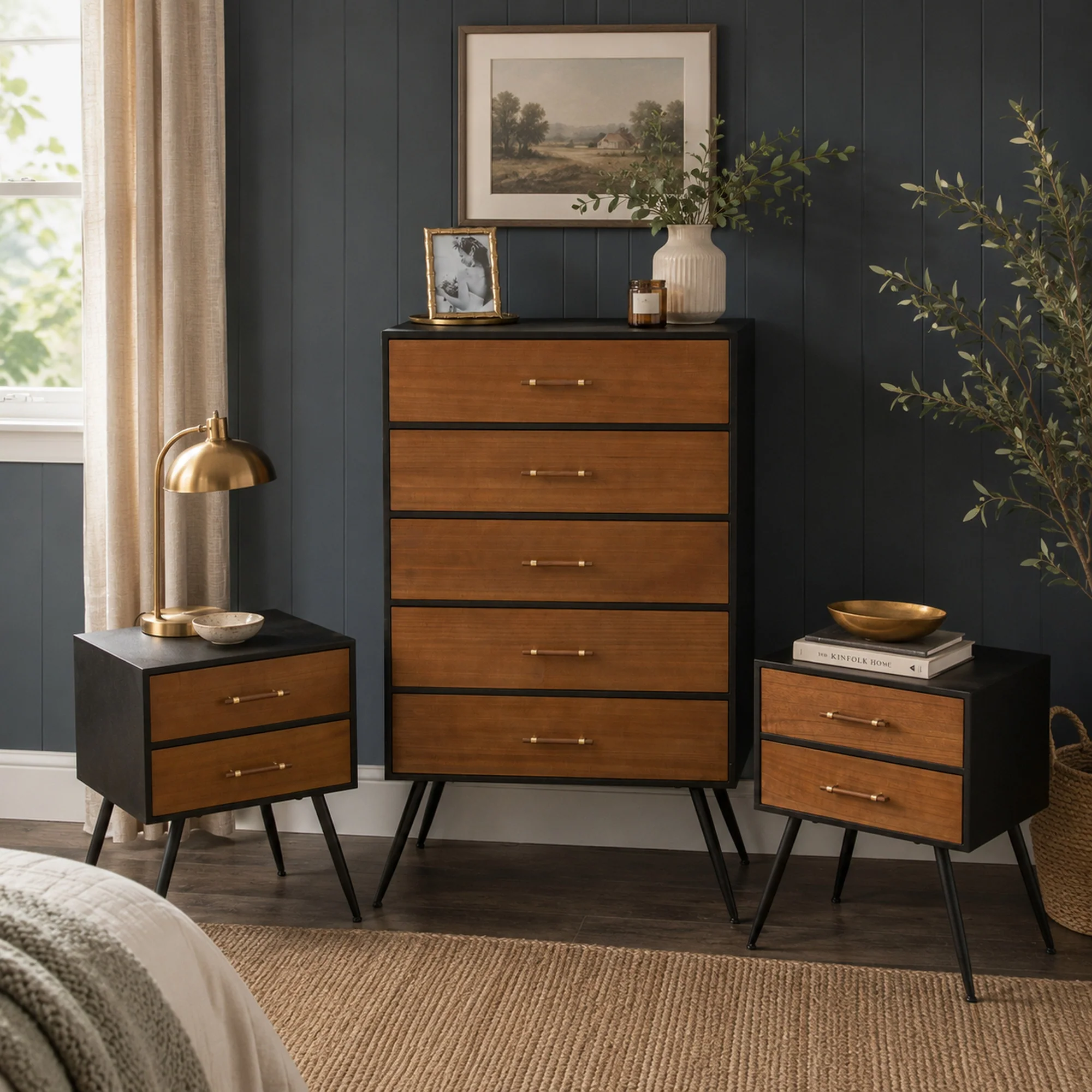 Sustainable Mid-Century Modern Wooden Black 5 Drawer Tallboy Pair of 2 Drawer Bedside Tables – Ludlow Range First-Class