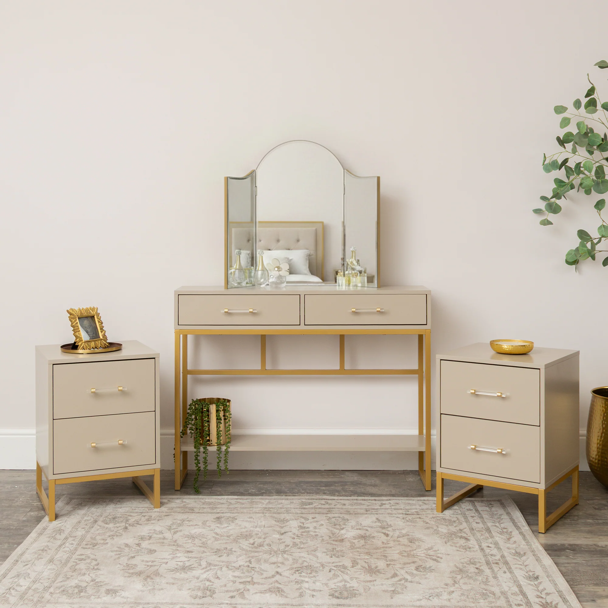 Official Two Drawer Dressing Table Set Pair of Two Drawer Bedside Tables – Liana Taupe Range Exclusive