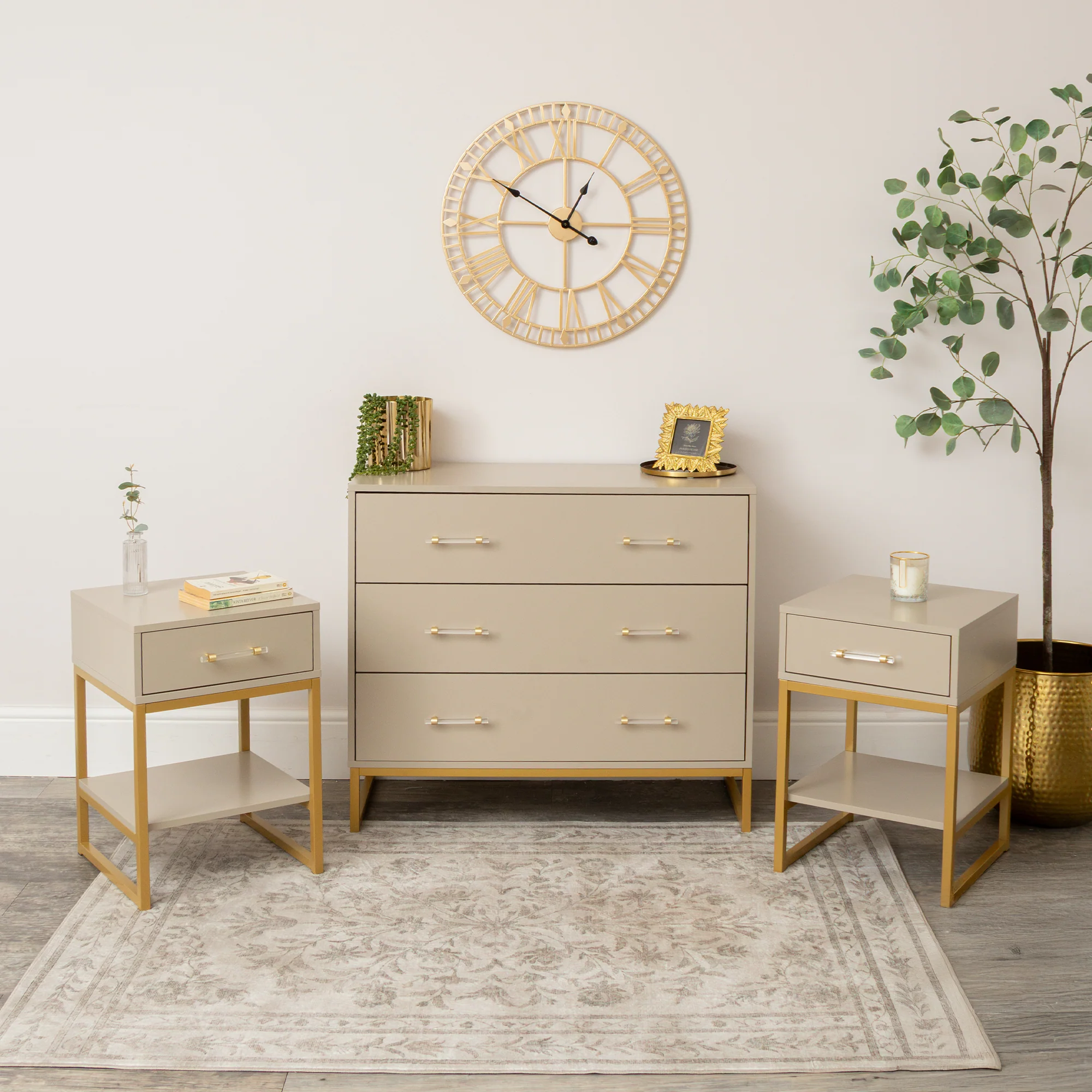 Effective 3 Drawer Chest of Drawers Pair of One Drawer Bedside Tables – Liana Taupe Range Premium Material