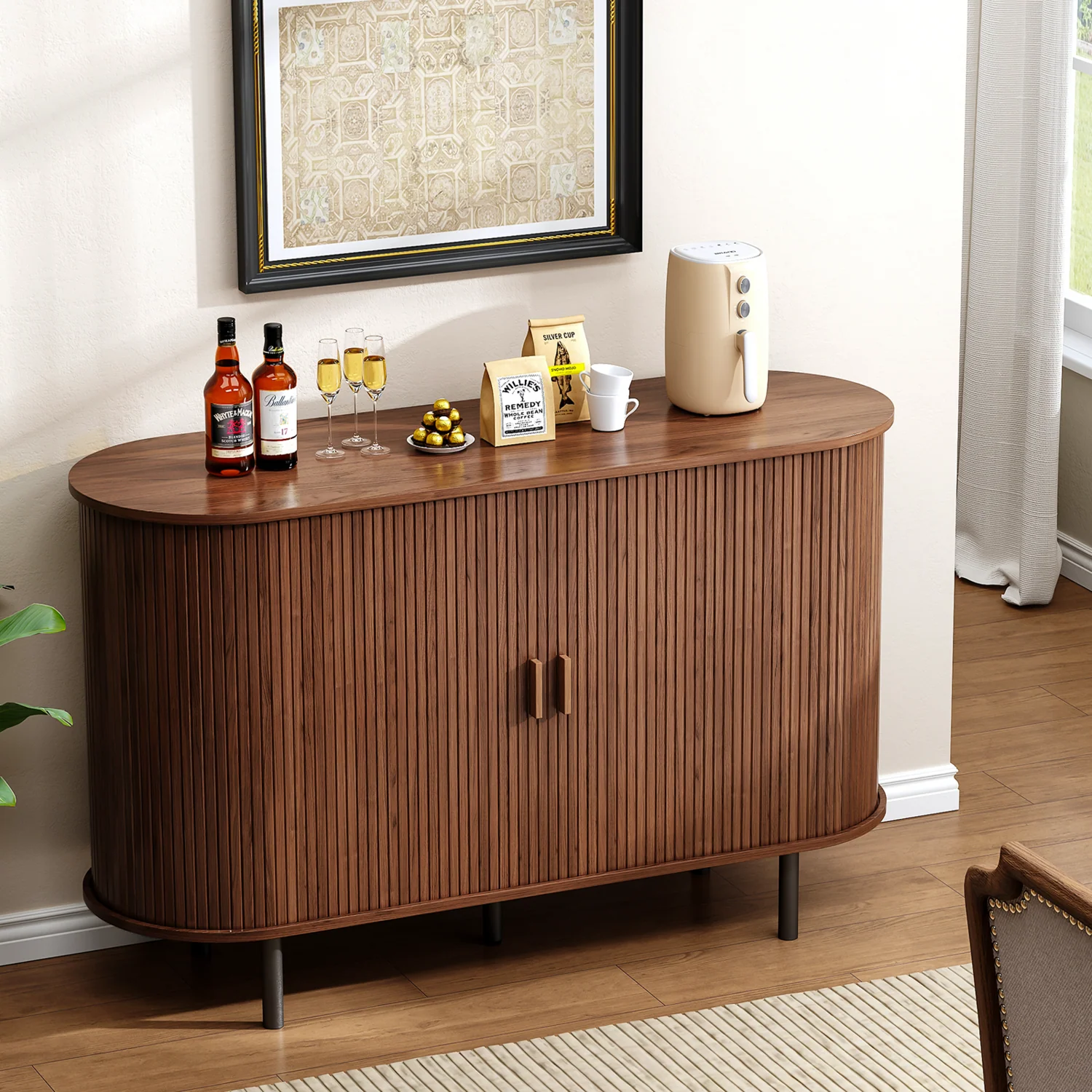Reusable 48 Inch Buffet Sideboard Cabinet Coffee Bar with Storage Fluted Sliding Doors Adjustable Shelves48 Inch Buffet Sideboard Cabinet Coffee Bar with Storage Fluted Sliding Doors Adjustable Shelves Reliable