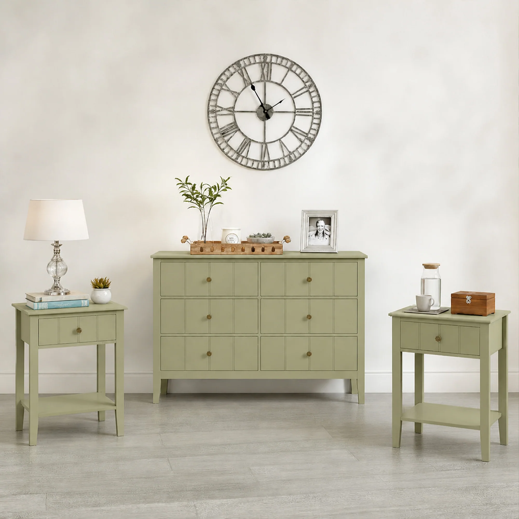 Traditional Sage Green 6 Drawer Chest Of Drawers Pair Of One Drawer Bedside Tables – Padstowe Sage Green Range Reusable