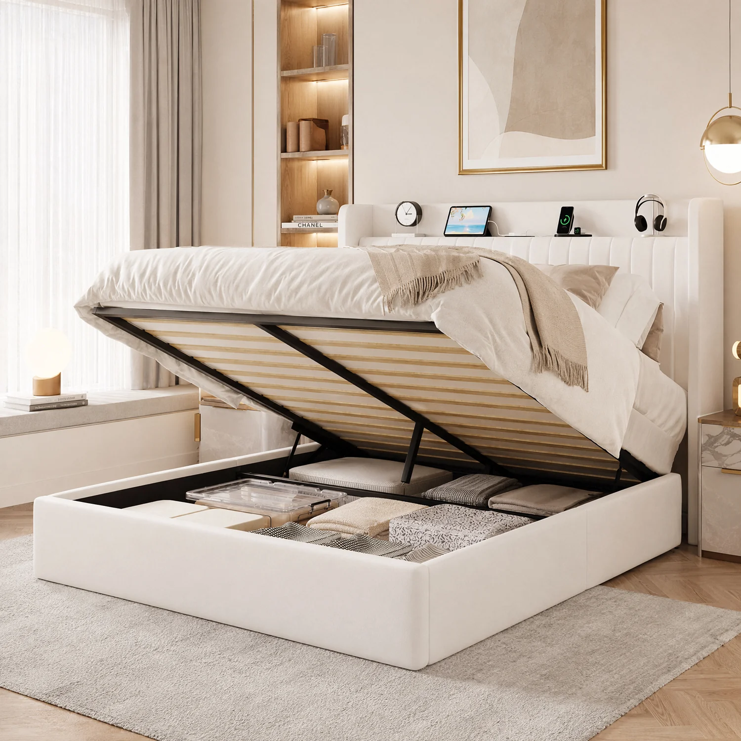 Soft Lift Up Storage Bed Frame with Charging Station and Storage Shelf Headboard Velvet Upholstered Platform Bed with Hydraulic Lift SystemLift Up Storage Bed Frame with Charging Station and Storage Shelf Headboard Velvet Upholstered Platform Bed with Hydraulic Lift System World-Class