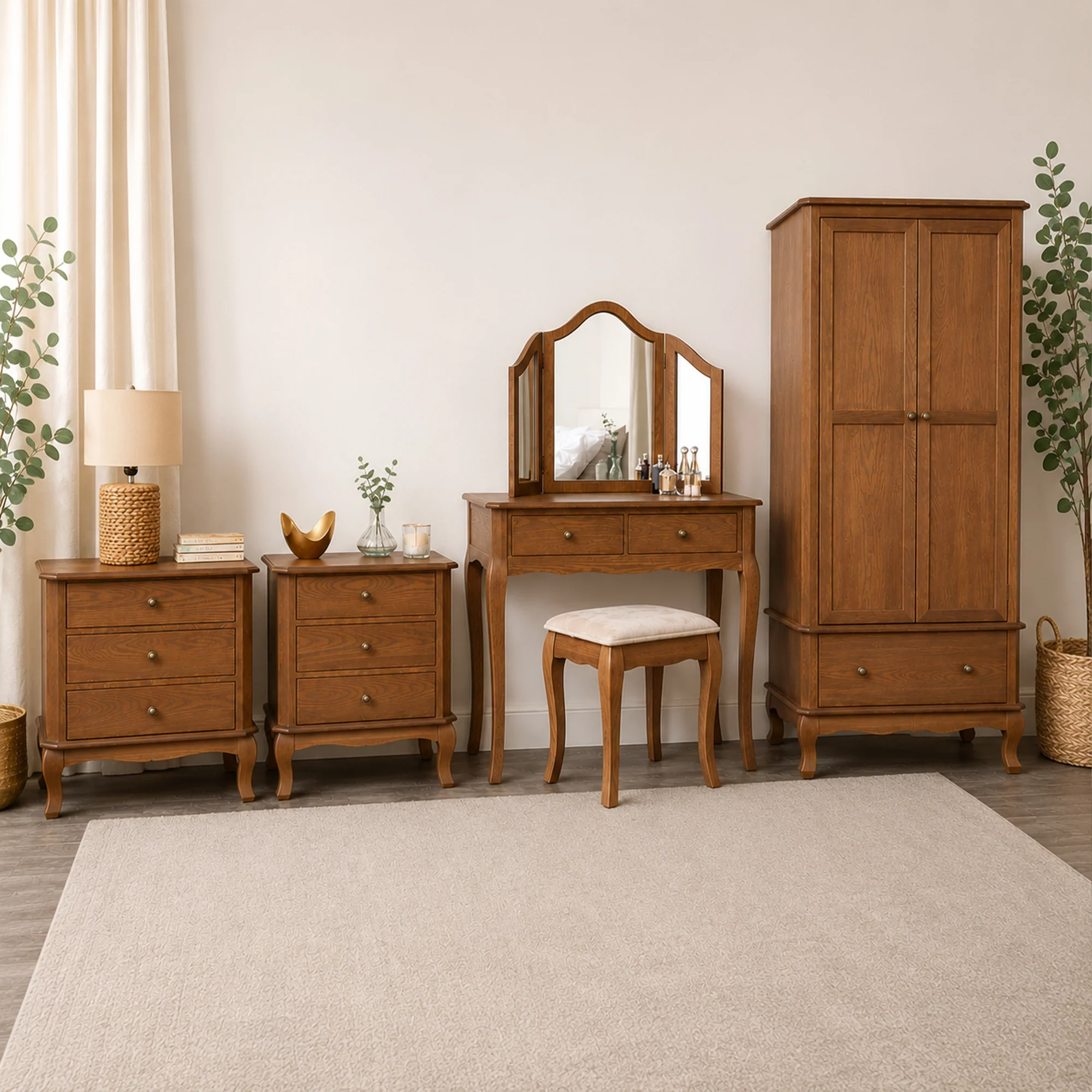 Trendy Dark Wood Wardrobe Dressing Table Desk with Triple Mirror Stool and Pair of Wide Bedside Tables – Ashwell Range Practical