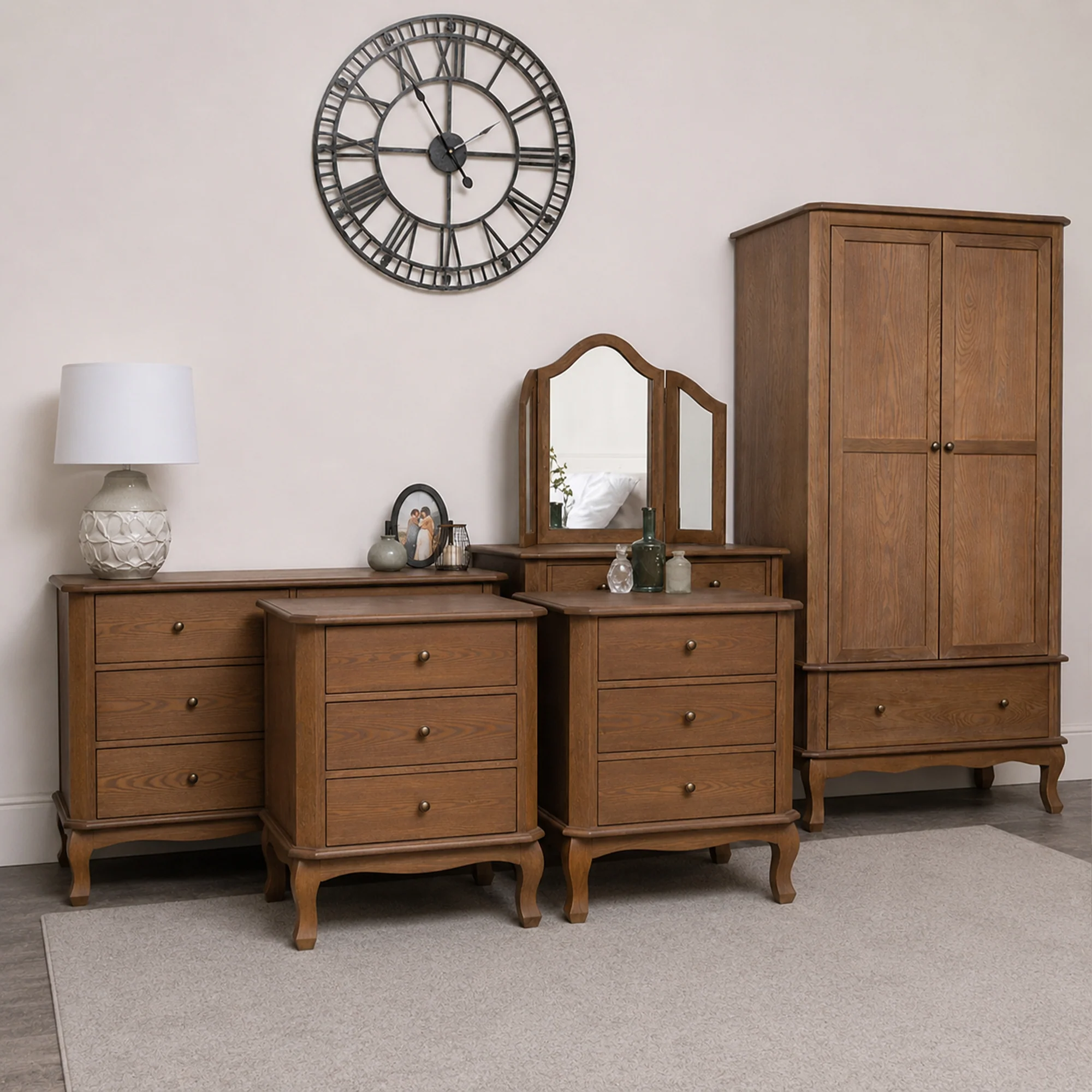 Comfortable Dark Wood Wardrobe Dressing Table Set Chest of 7 Drawers Pair of Wide Bedside Tables – Ashwell Range World-Class