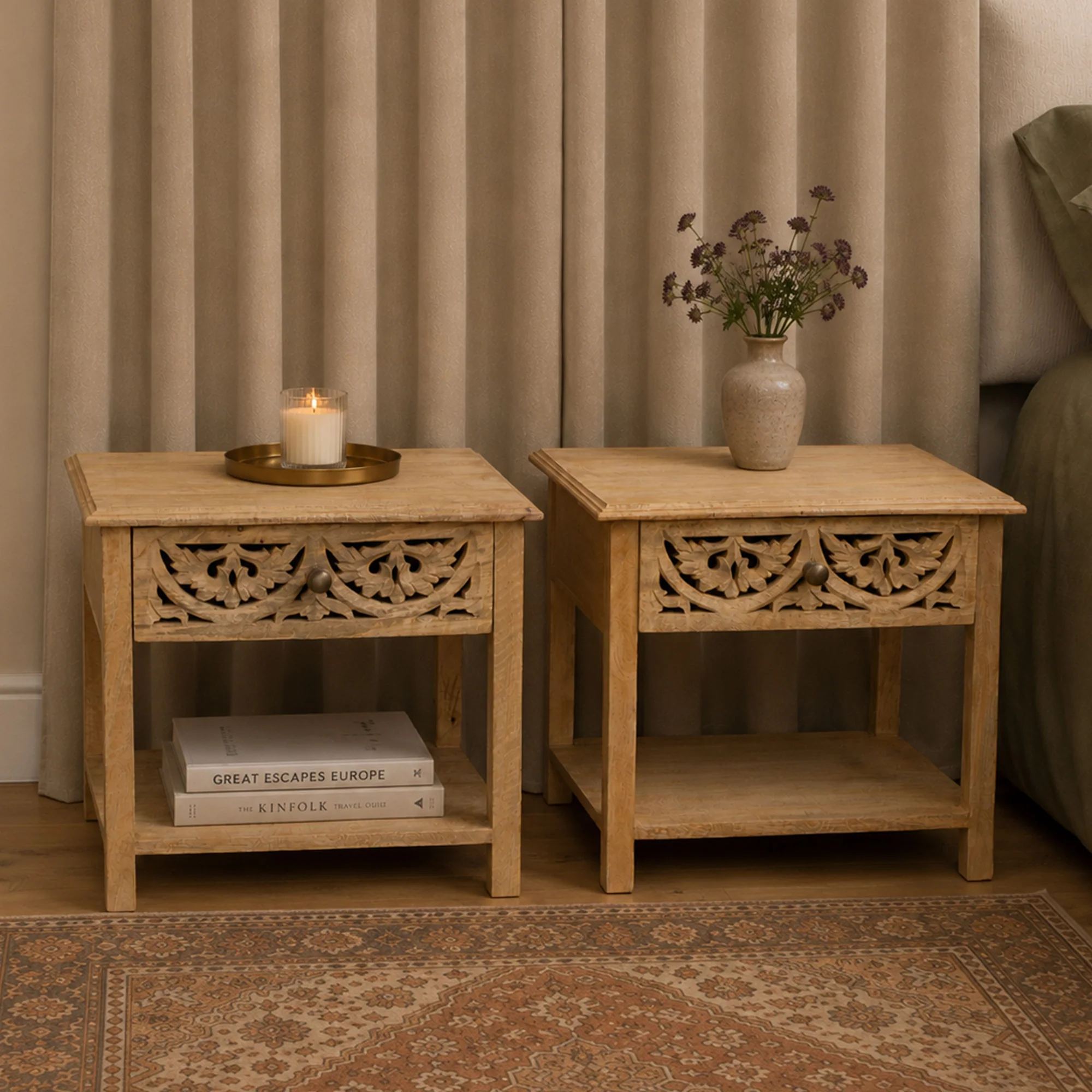 Outstanding Pair of Bohemian Natural Mango Wood One Drawer Bedside Tables – Freya Wood Range Professional