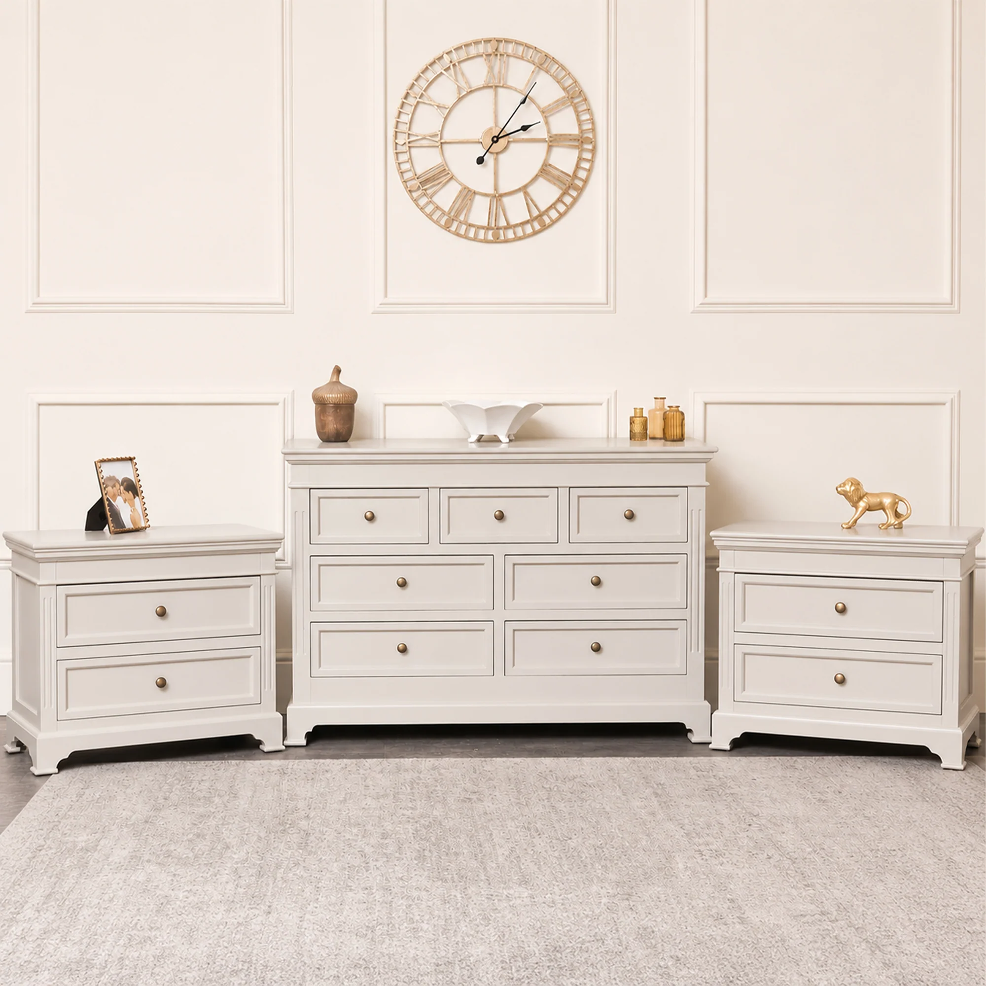 Consistent Large Taupe-Grey 7 Drawer Chest of Drawers Pair of Wide Bedside Tables – Daventry Taupe-Grey Range Enhanced