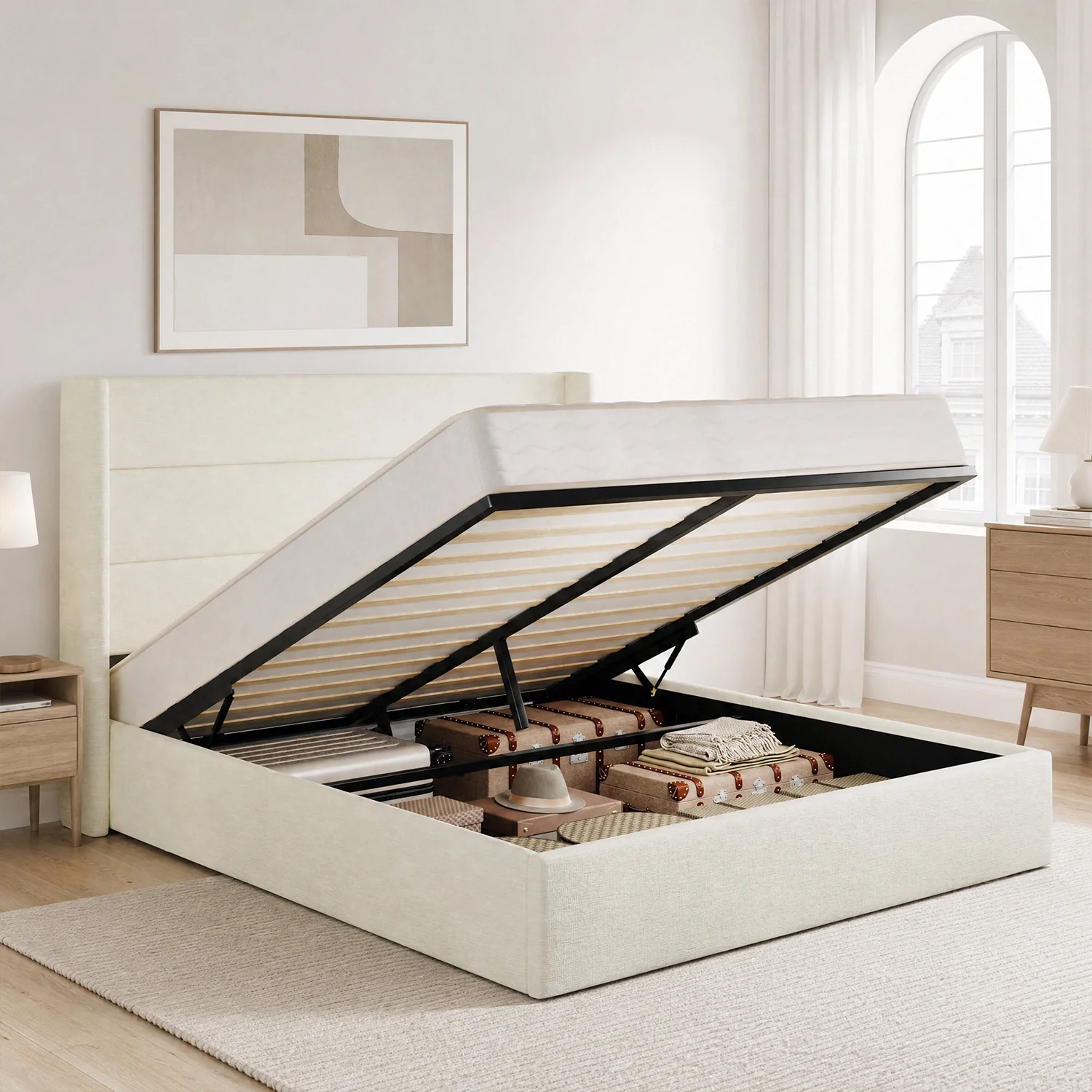 Smart Chenille Lift Up Storage Bed Frame with Hydraulic Lift Wingback Upholstered Headboard Cream WhiteChenille Lift Up Storage Bed Frame with Hydraulic Lift Wingback Upholstered Headboard Cream White Eco-Friendly