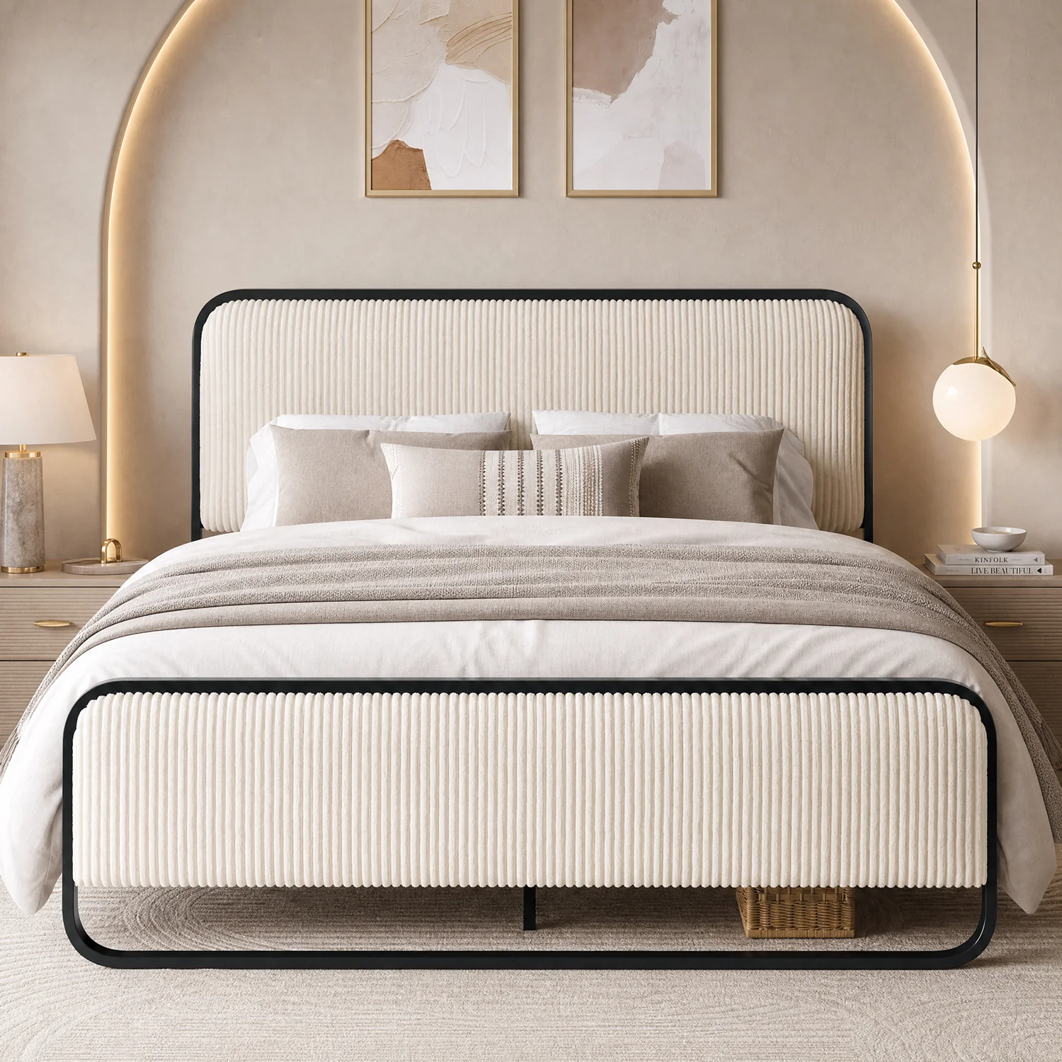 Clean Metal Platform Bed Frame with Curved Corduroy Upholstered Headboard Footboard Boho Bed Frame with 12.4 Under Bed StorageMetal Platform Bed Frame with Curved Corduroy Upholstered Headboard Footboard Boho Bed Frame with 12.4 Under Bed Storage Next-Generation