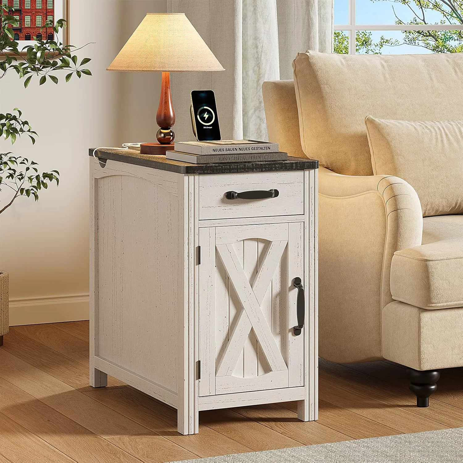 Elite Farmhouse End Table Narrow Side Table with Hidden Charging Station and Detachable Cup HolderFarmhouse End Table Narrow Side Table with Hidden Charging Station and Detachable Cup Holder Breathable