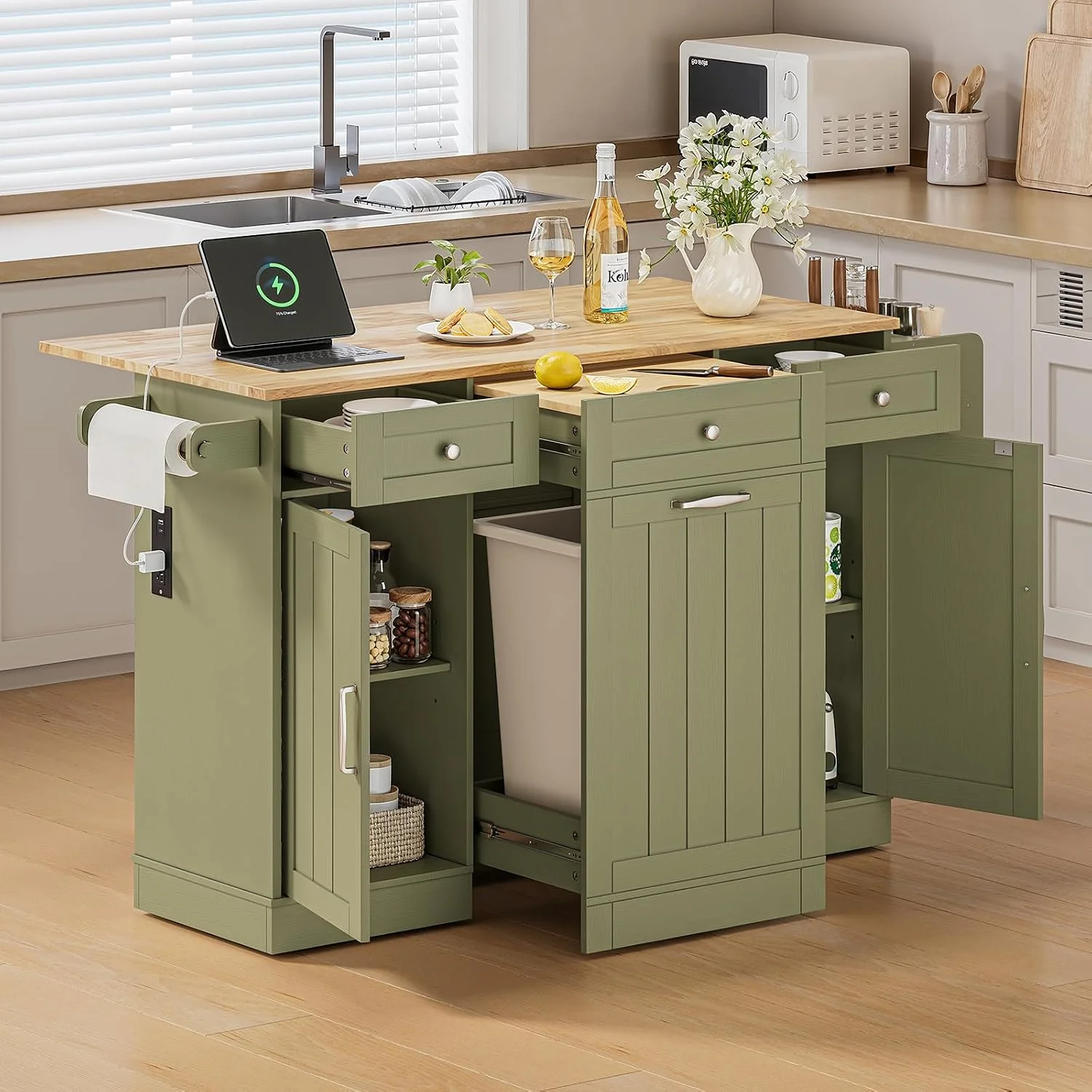 User-Friendly 61-Inch Kitchen Islands Rolling Island Cart with Cutting Board Trash Storage Cabinet Drop Leaf Power Outlet61-Inch Kitchen Islands Rolling Island Cart with Cutting Board Trash Storage Cabinet Drop Leaf Power Outlet First-Class