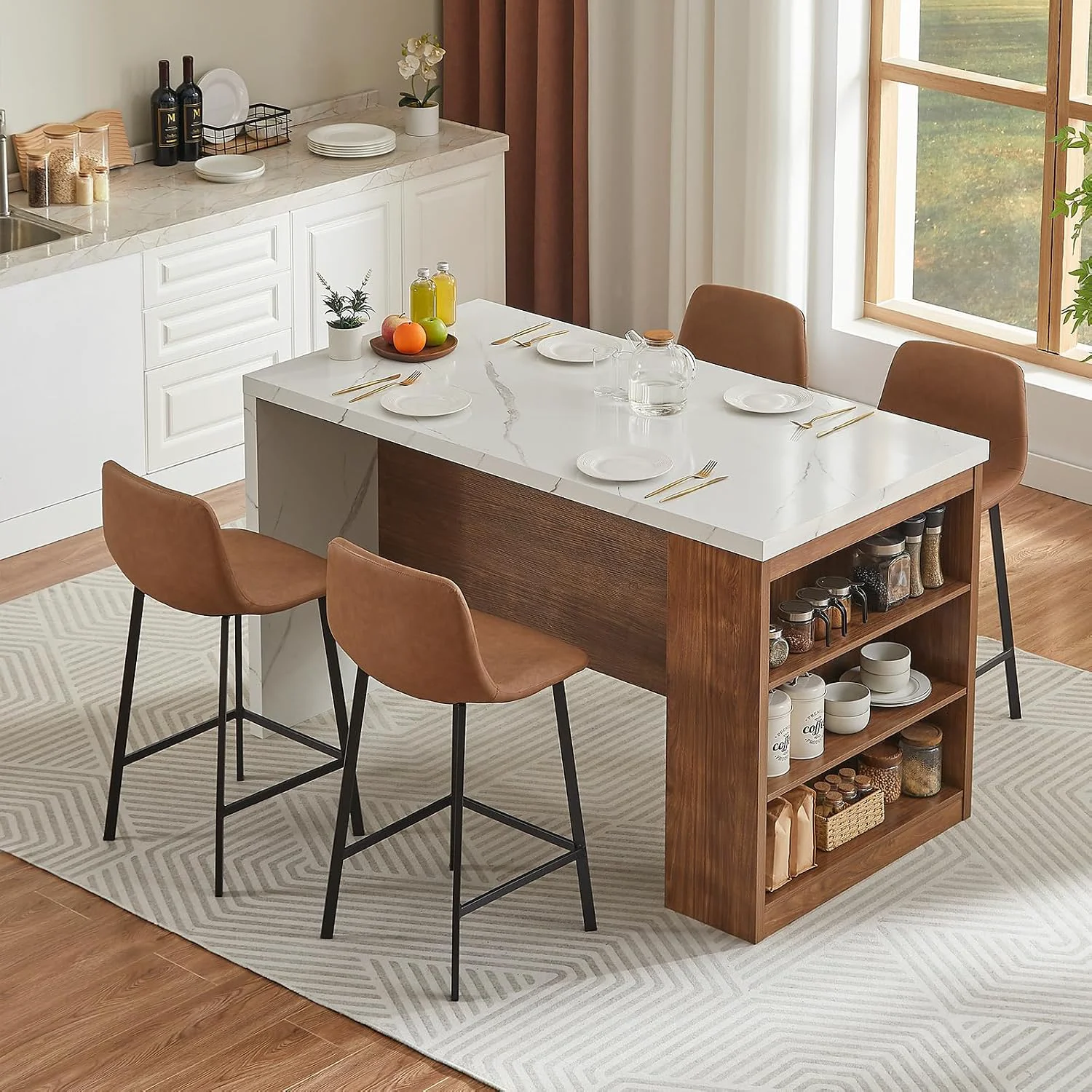 Proven Kitchen Island Table with Faux Marble Top Counter Height Dining Table with Storage LED Lights Power OutletKitchen Island Table with Faux Marble Top Counter Height Dining Table with Storage LED Lights Power Outlet Detailed