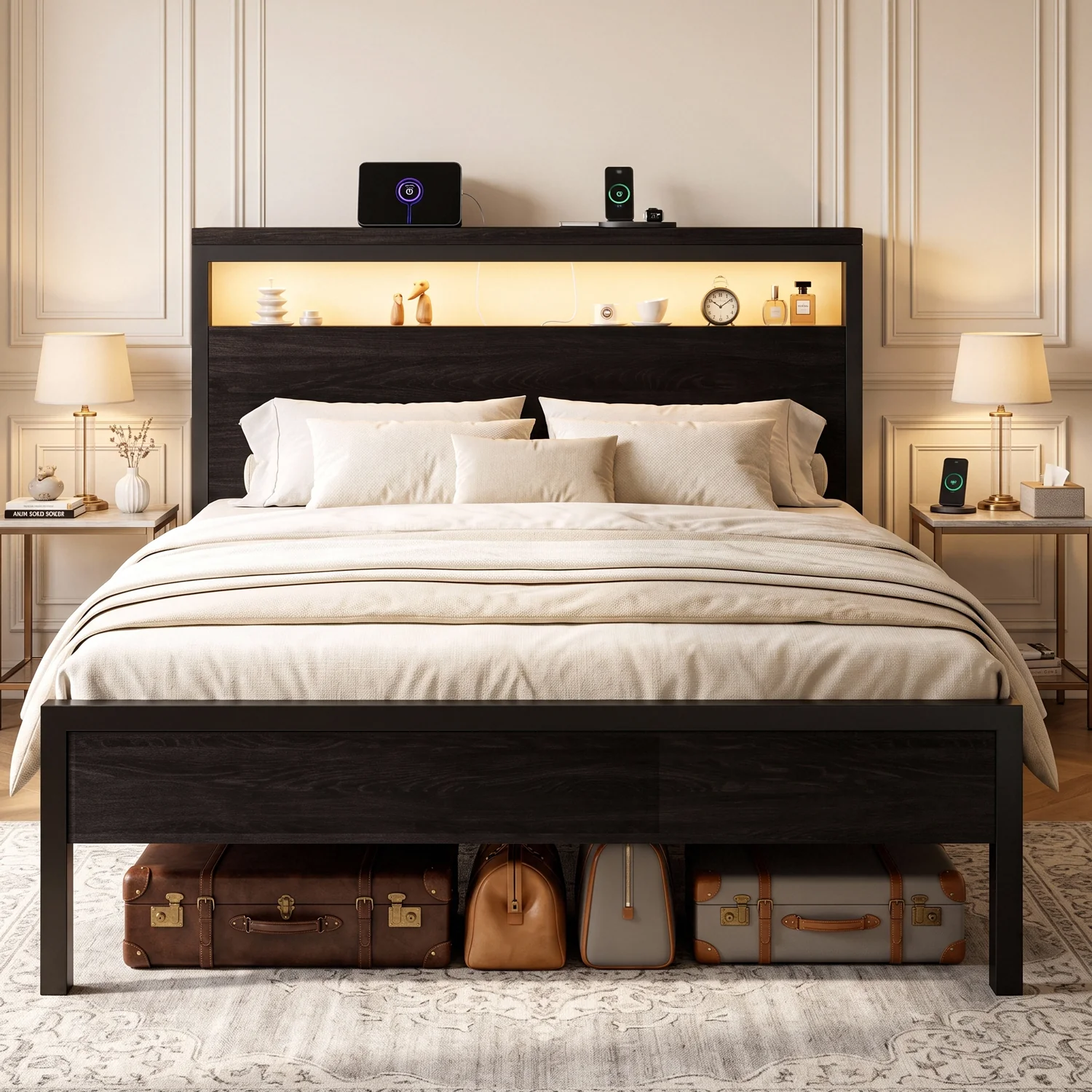 Versatile Wood Metal Platform Bed Frame with LED Storage Headboard Charging Station No Box Spring NeededWood Metal Platform Bed Frame with LED Storage Headboard Charging Station No Box Spring Needed Trendy