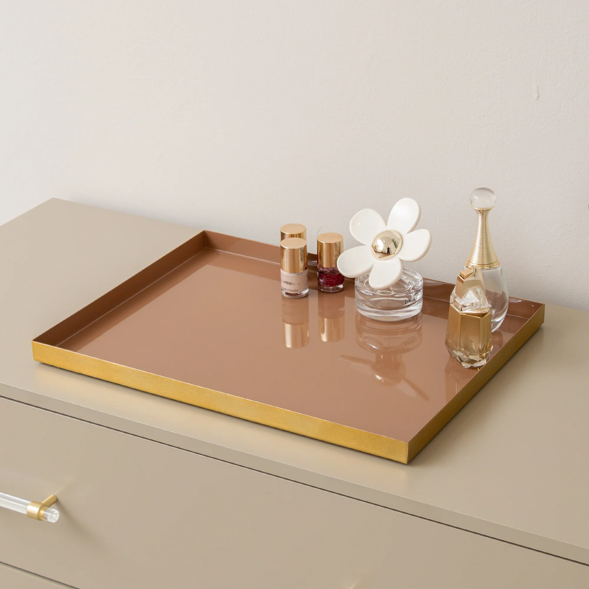 Fine Large Metal Rectangular Mocha Gold Display Tray Convenient